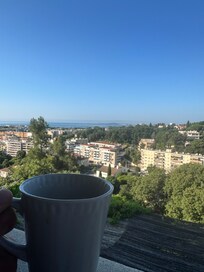 View from the the bottom floor of three balconies.