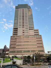 view of the building from the train station across the street