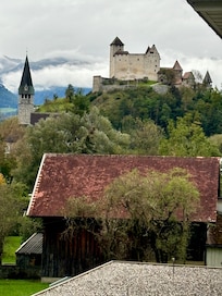 Gutenberg Castle, built in the Middle Ages! and the church spire at Saint Nicholas Balzers