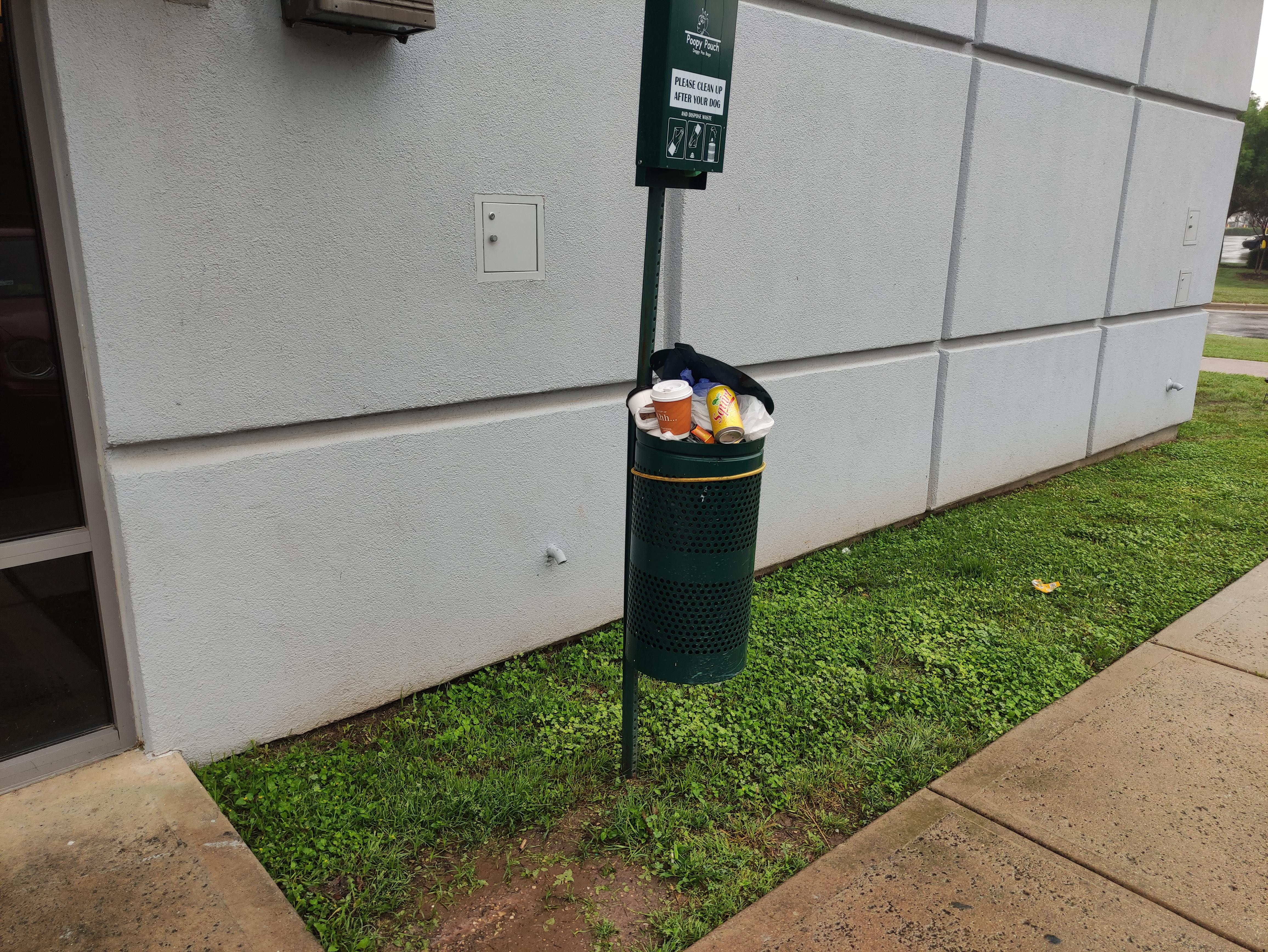 Full garbage cans and dog feces in the gardens