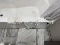 Linens had blood stains and black makeup or oil stains. Bathtub finish peeling.