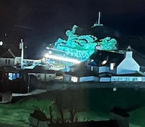 Night view of illuminated harbour.