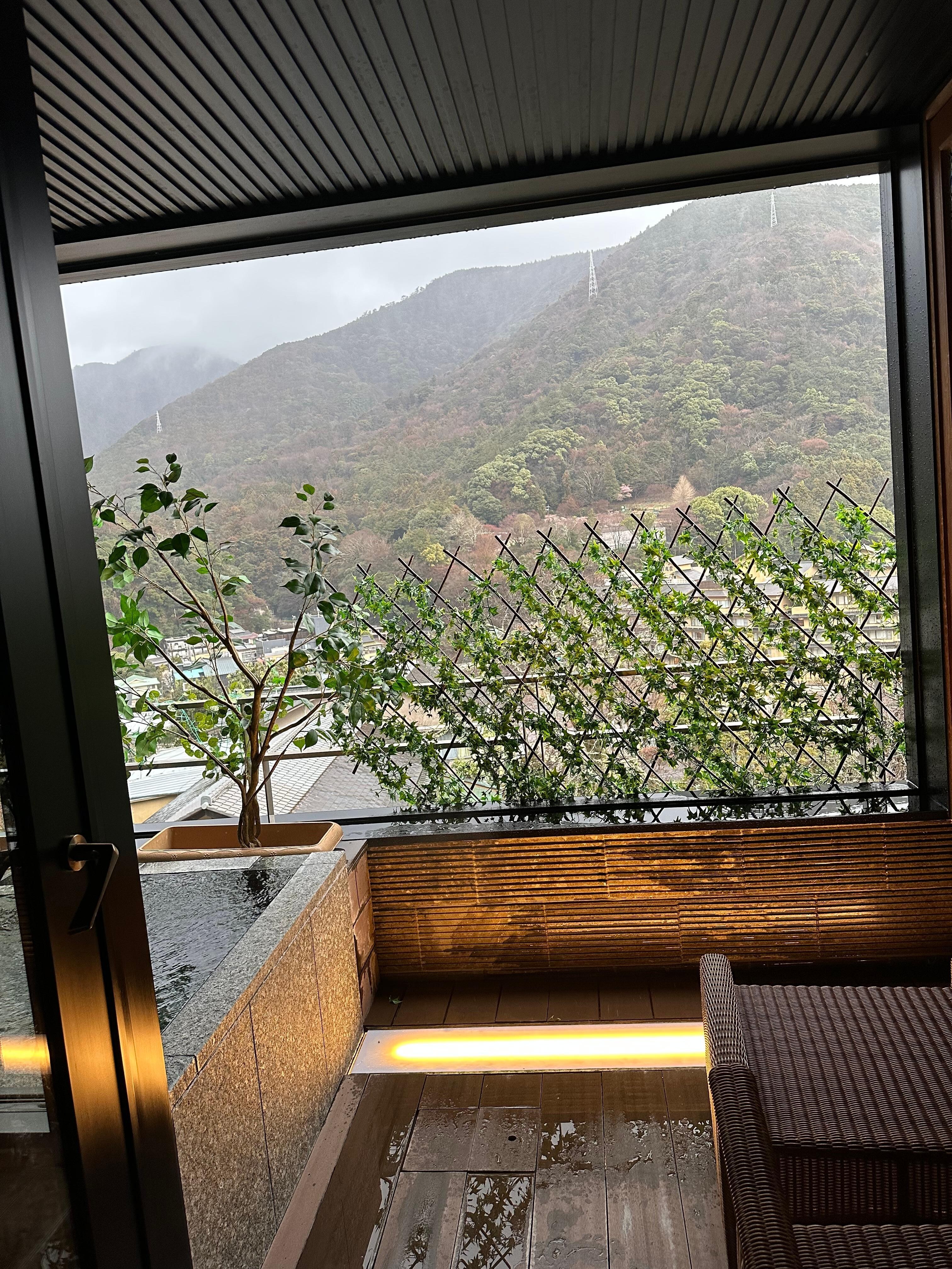 房內溫泉望出是美麗的山景