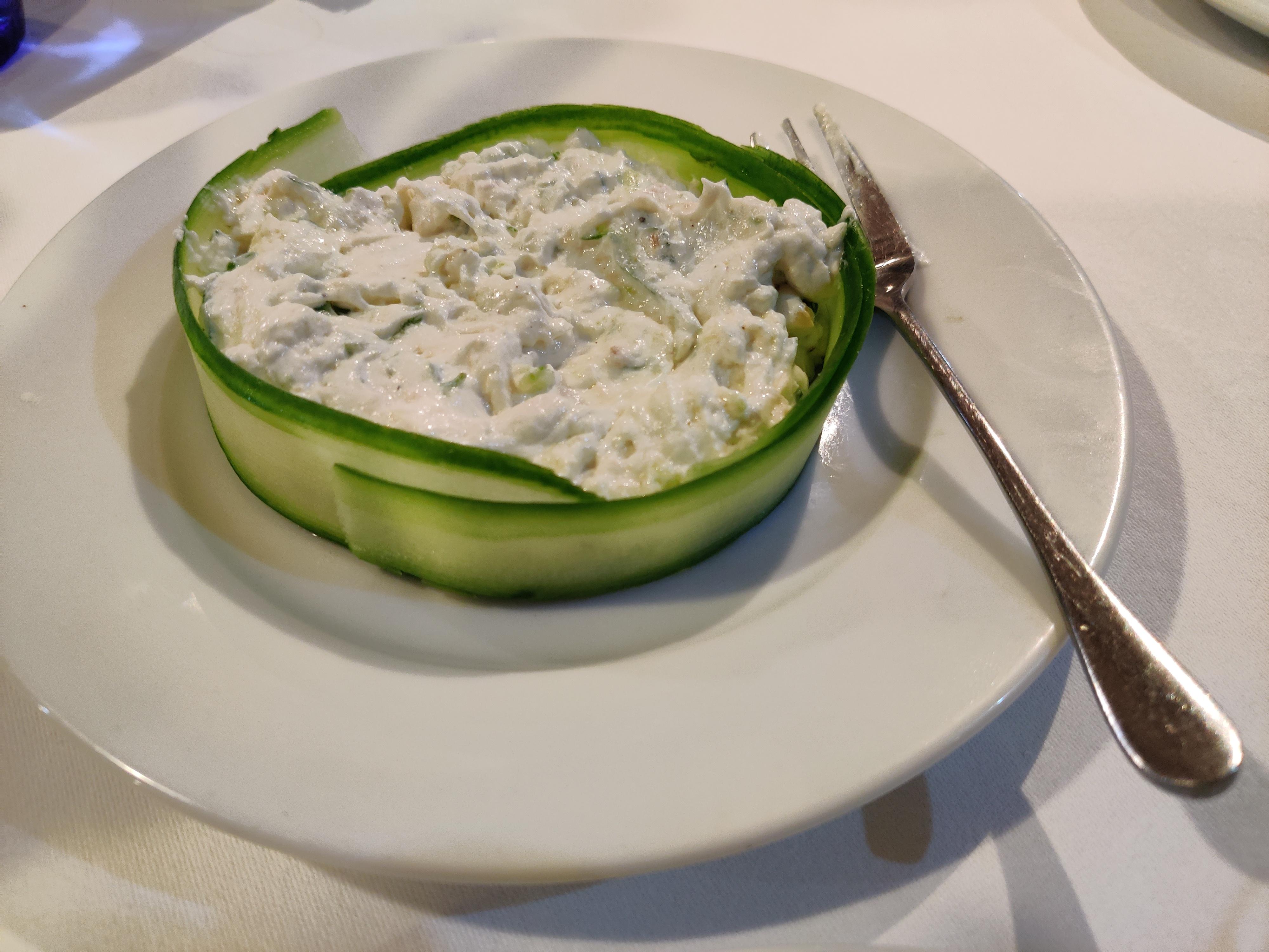 Tzatziki in hotel restaurant. Beautifully presented AND tasty!