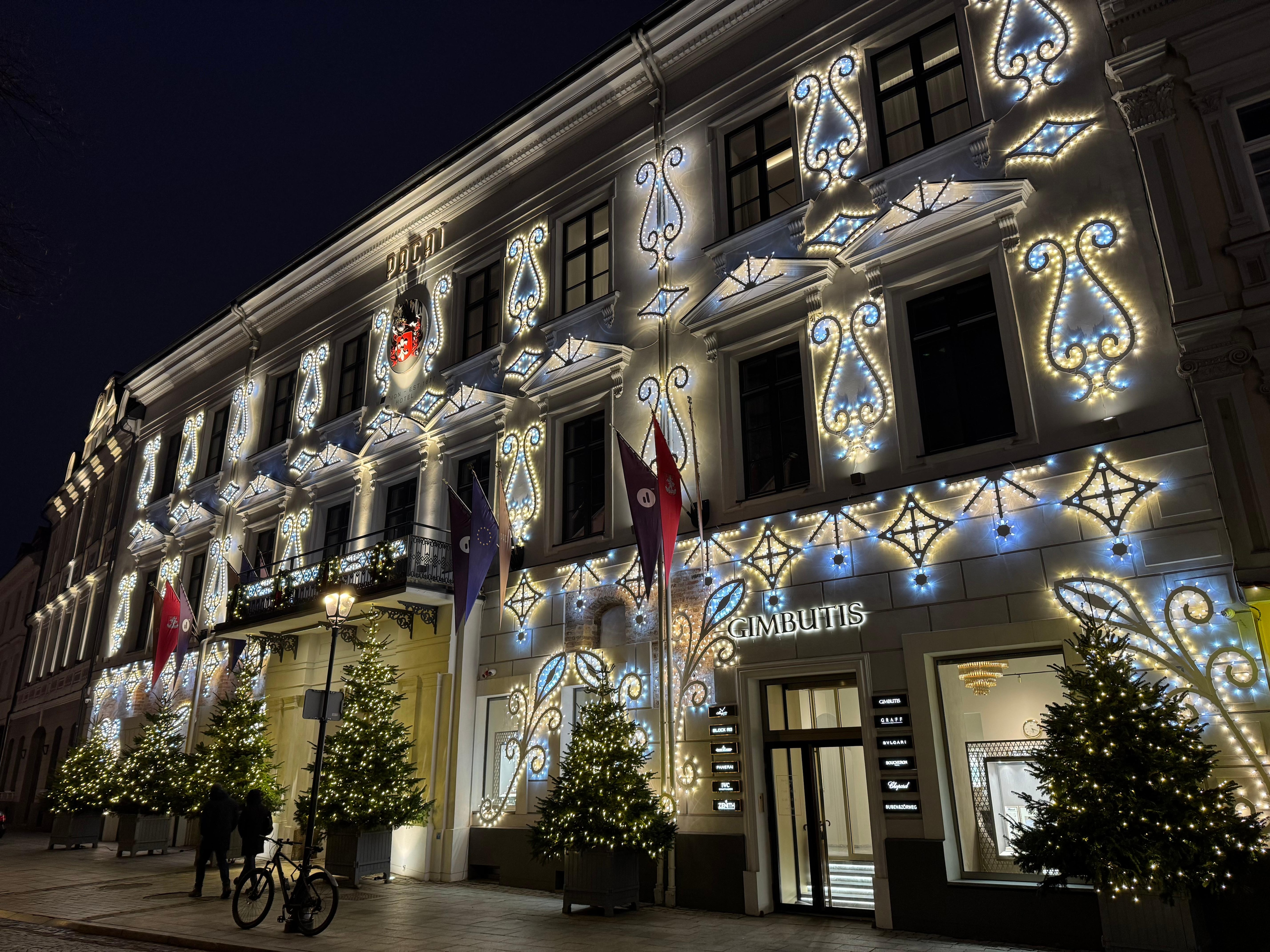 Hotel front decorated for the Vilnius light festival in January