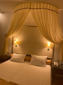 The beautiful very comfy bed in the double room