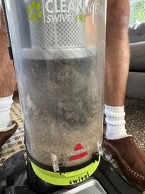 Vacuum canister filled with dust and hair after vacuuming the couch