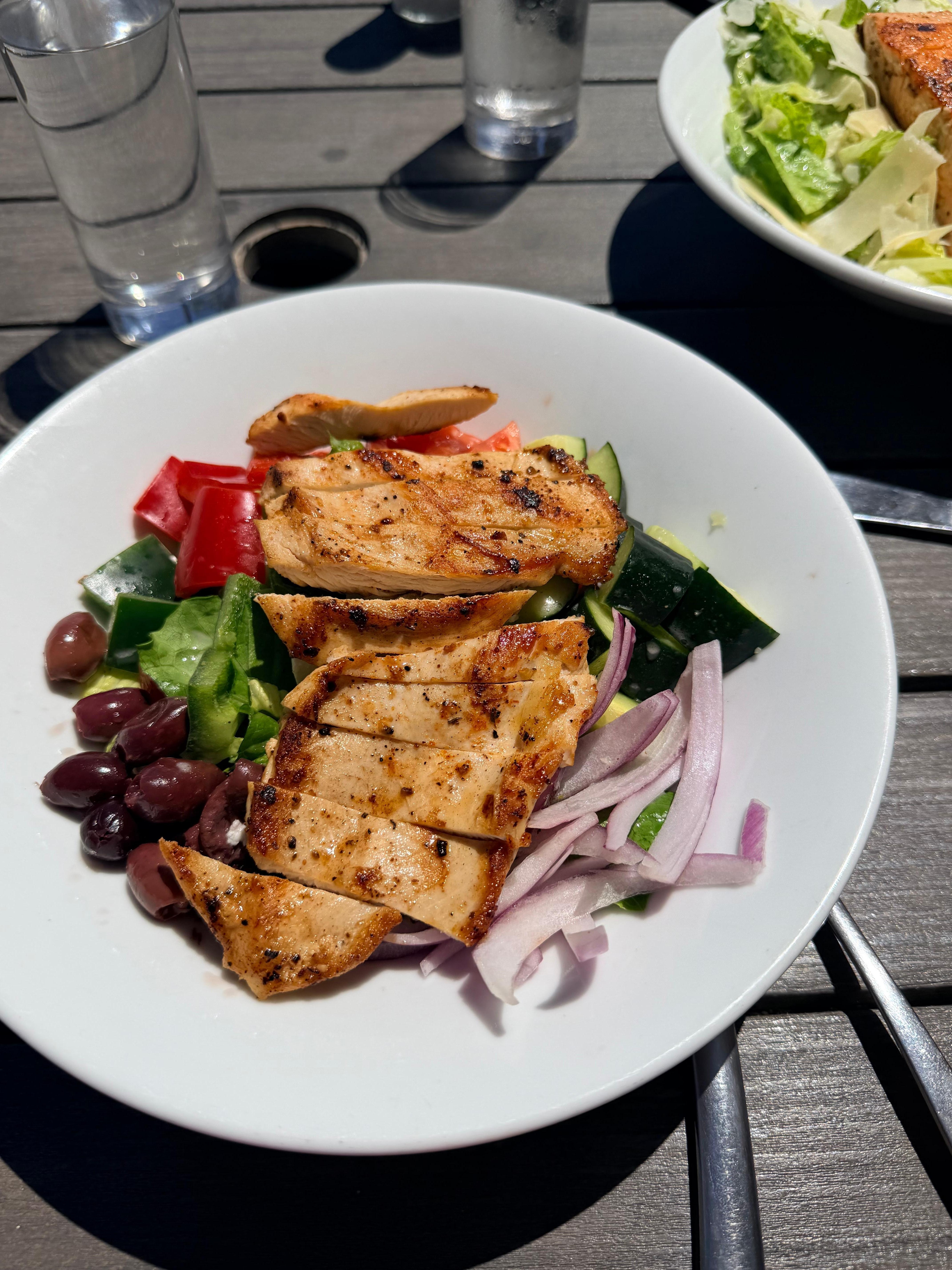 Greek salad with added grilled chicken