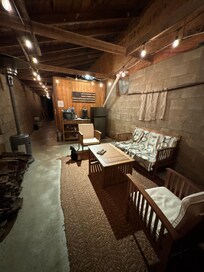 Barn sitting area/ fridge, coffee maker and microwave.
