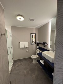 Bathroom with barn style rolling door