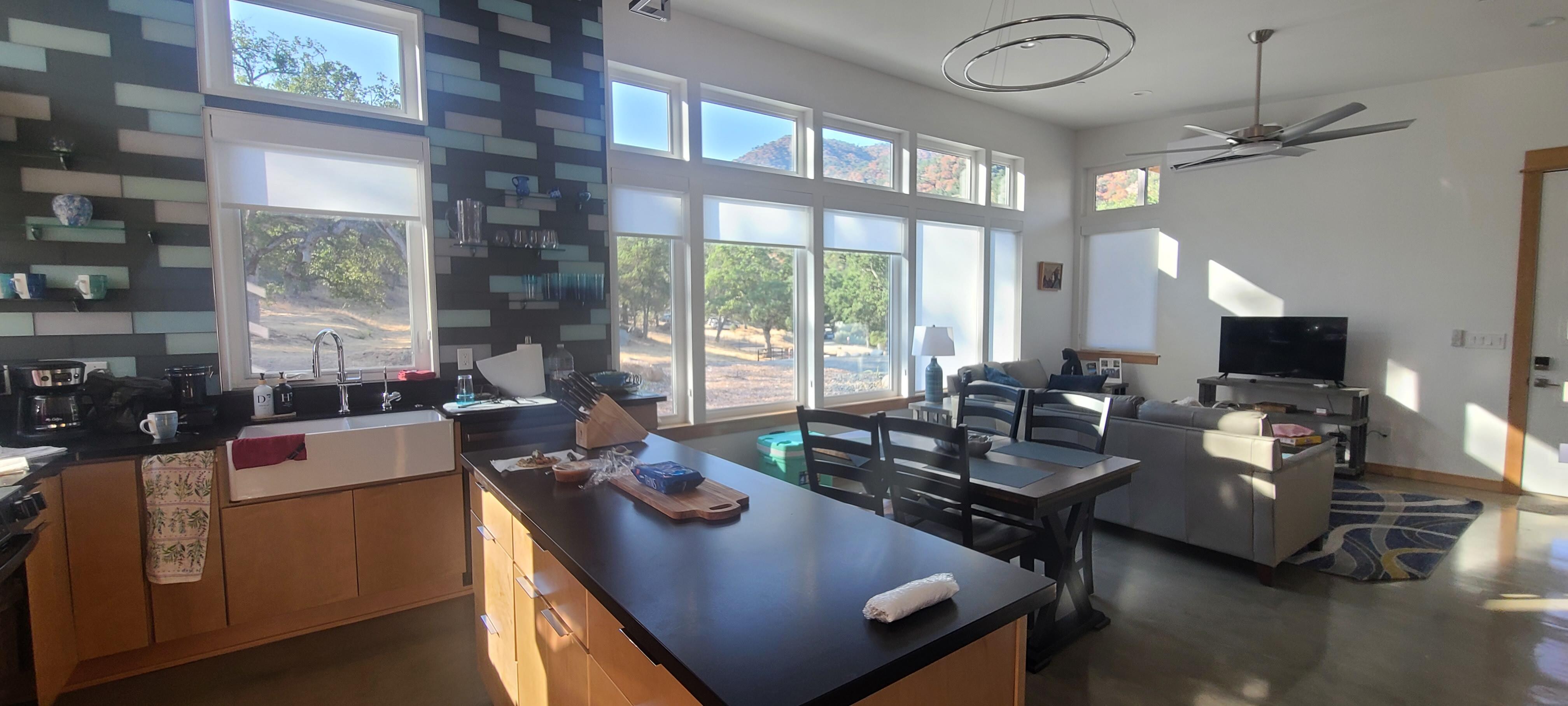 Great open concept kitchen, living room. 