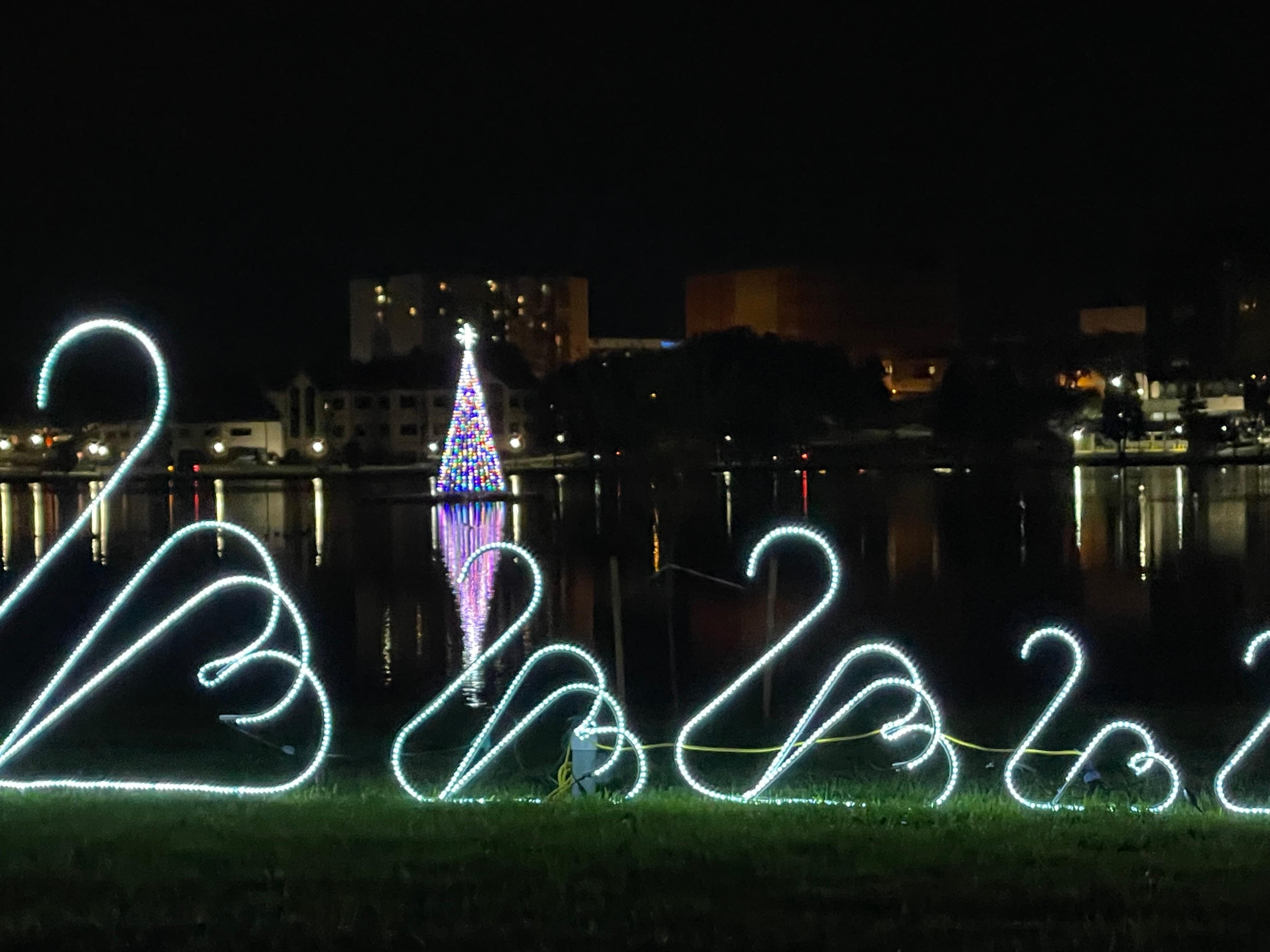 Christmas decorations on Lake Morton across the street.
