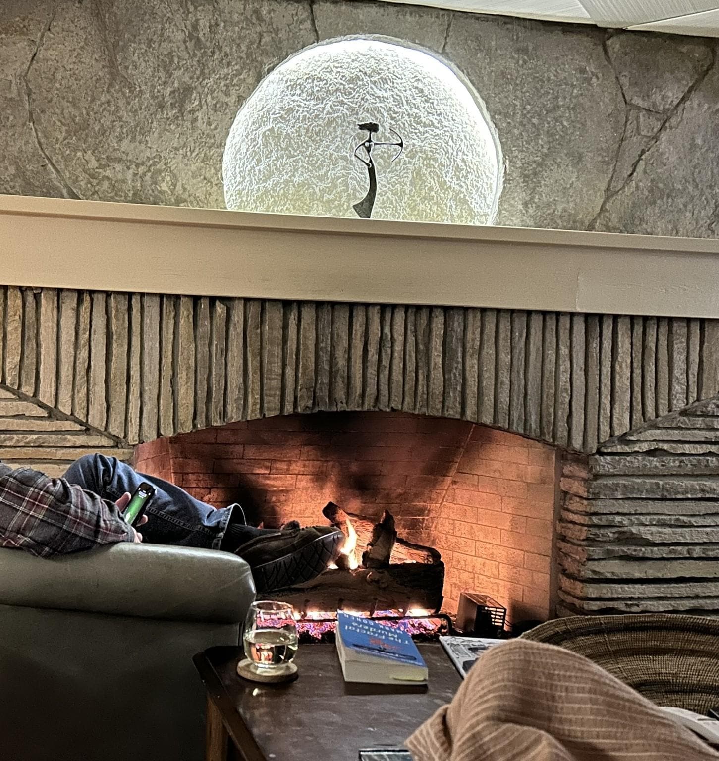 enjoying the fireplace