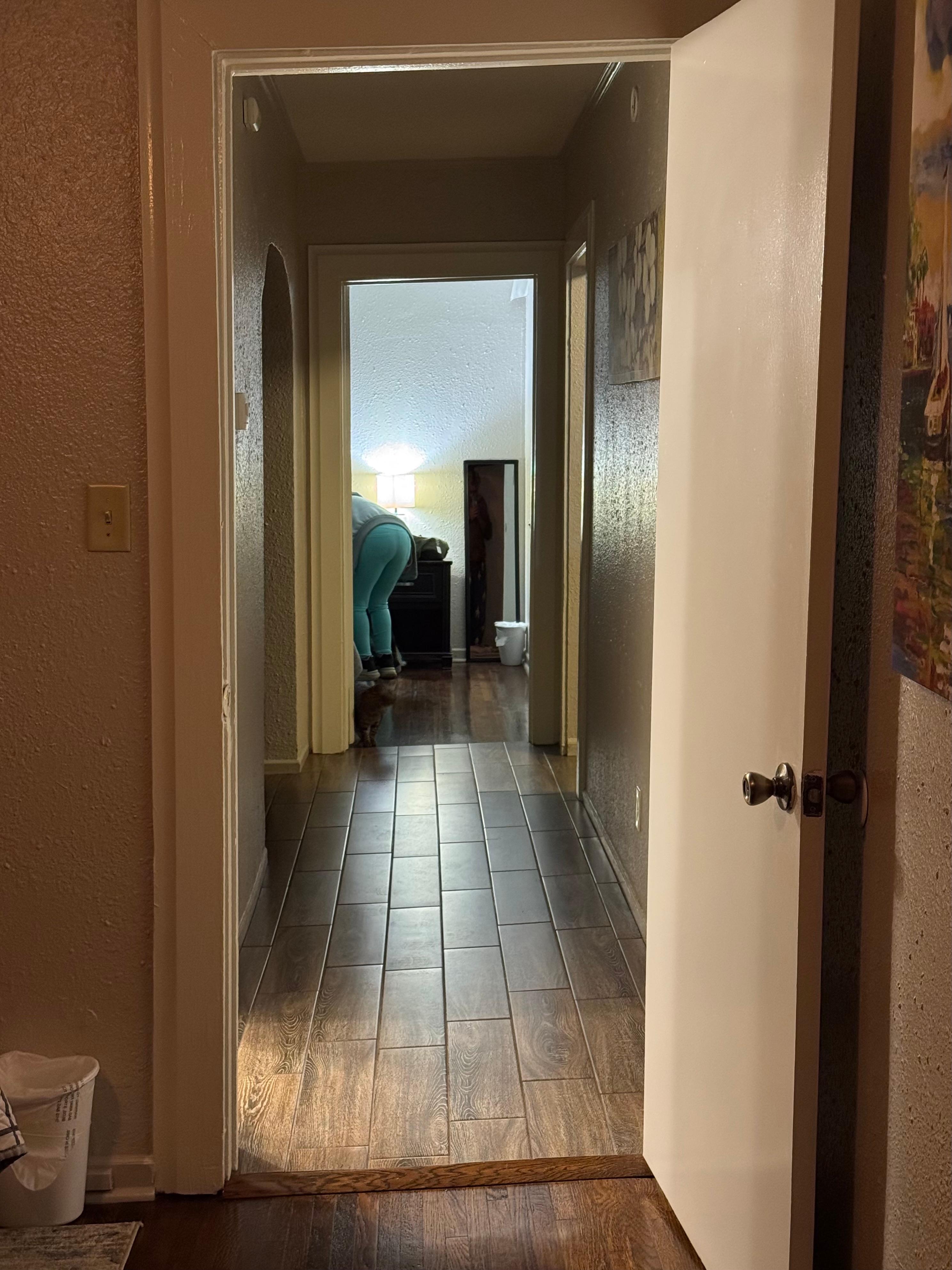 You can see the slant in the door frame