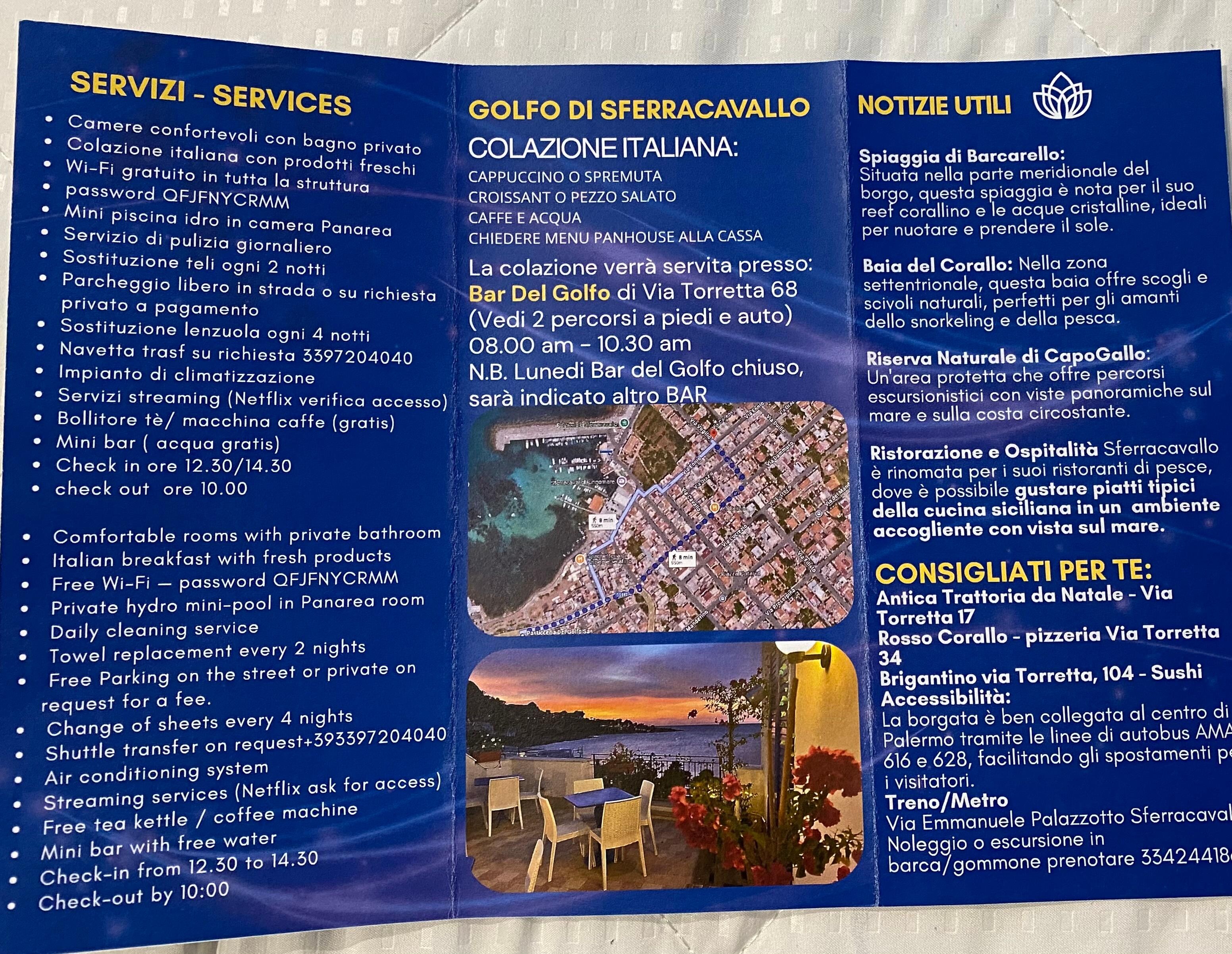 In room brochure of room amenities, local tours, and location for breakfast