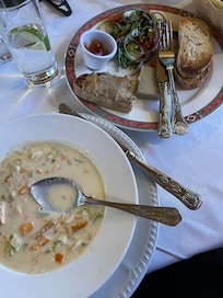 Supper. Seafood Chowder and a Chicken Liver Pate Plate.