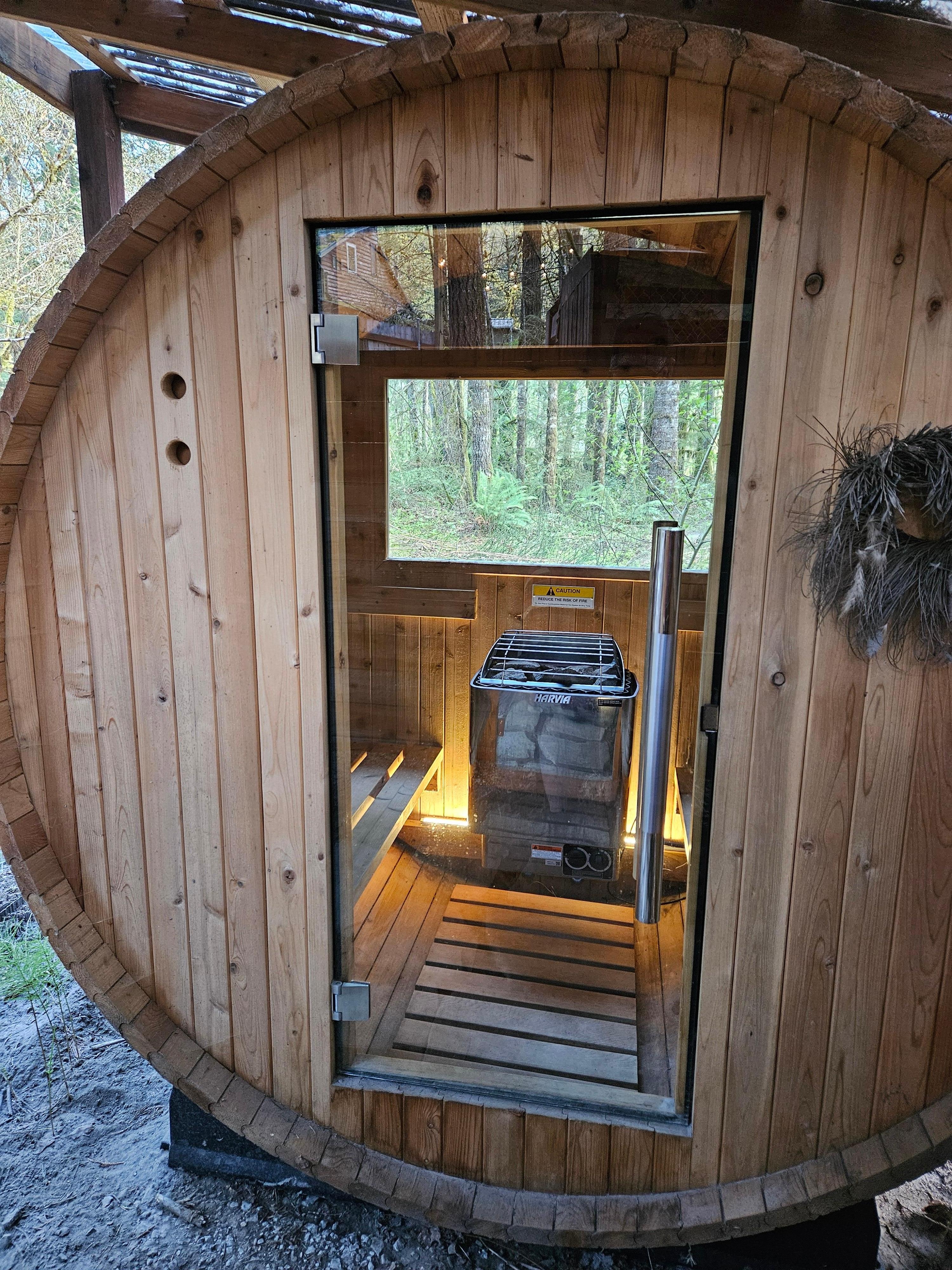 Cozy barrel sauna is nicely comfortable for 2