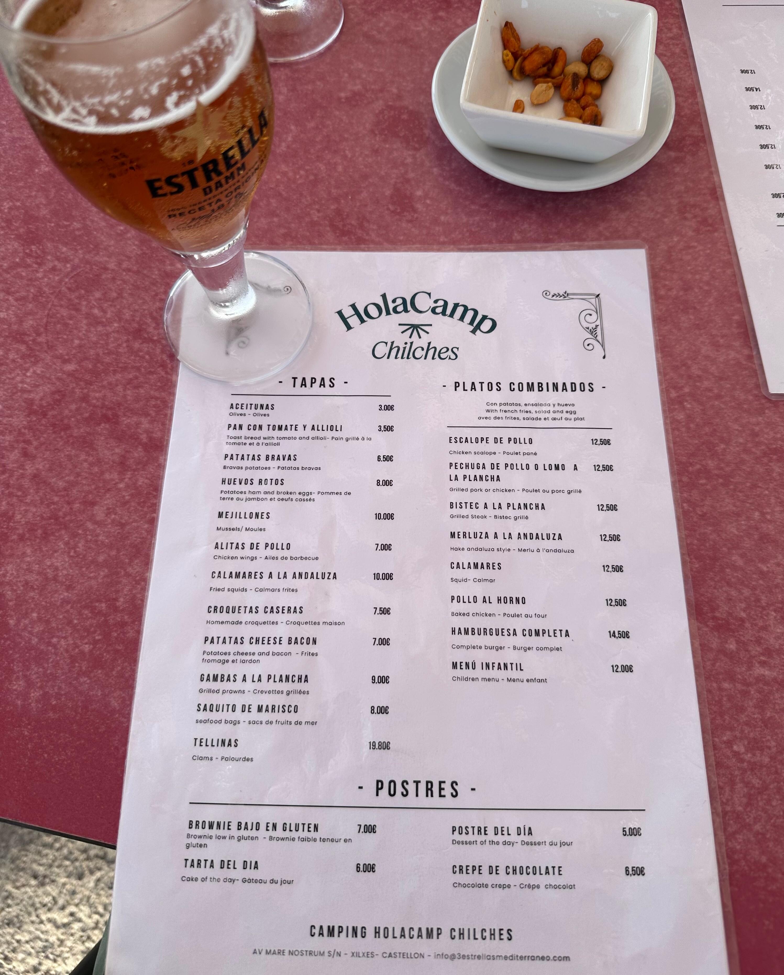Carte du bar restaurant 