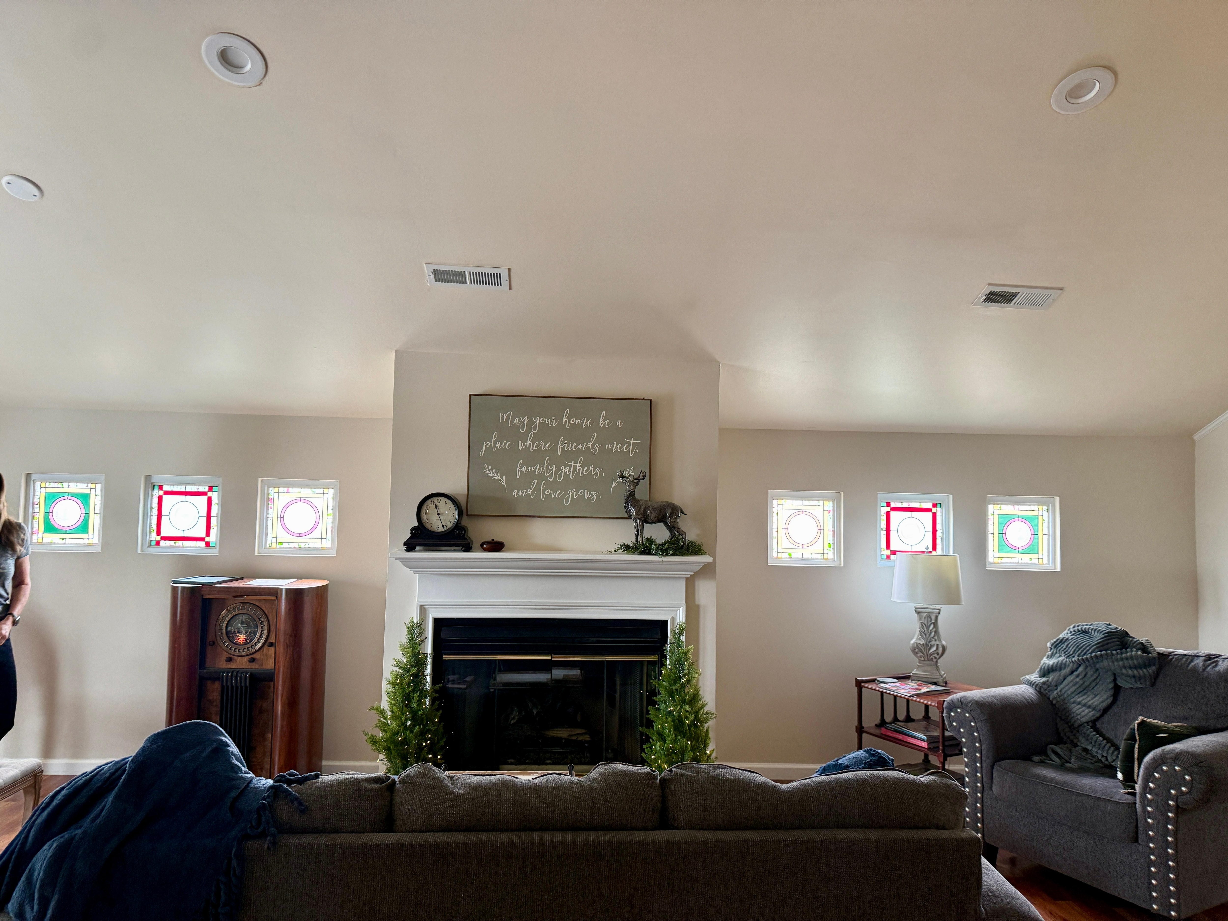 We loved these small windows - stained glass with antique plate/bowls in the middle.  Such a cool accent!