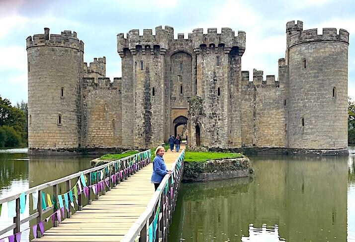 Crossing the moat at Bowdiam Castle, UK