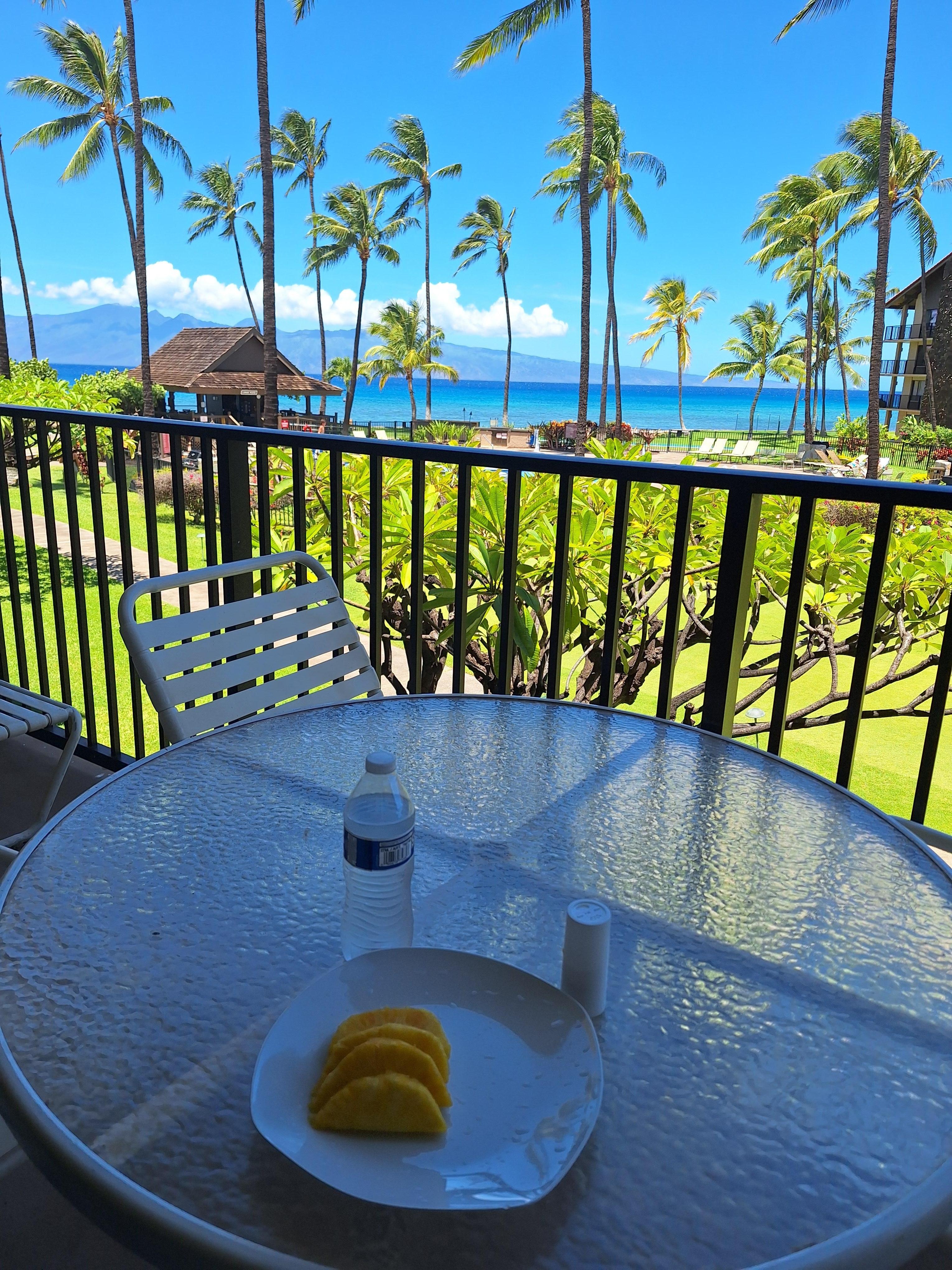 Enjoying the lanai with a beautiful view of the blue ocean.
Sunset at the resort.
