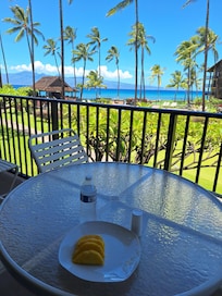 Enjoying the lanai with a beautiful view of the blue ocean.
Sunset at the resort.