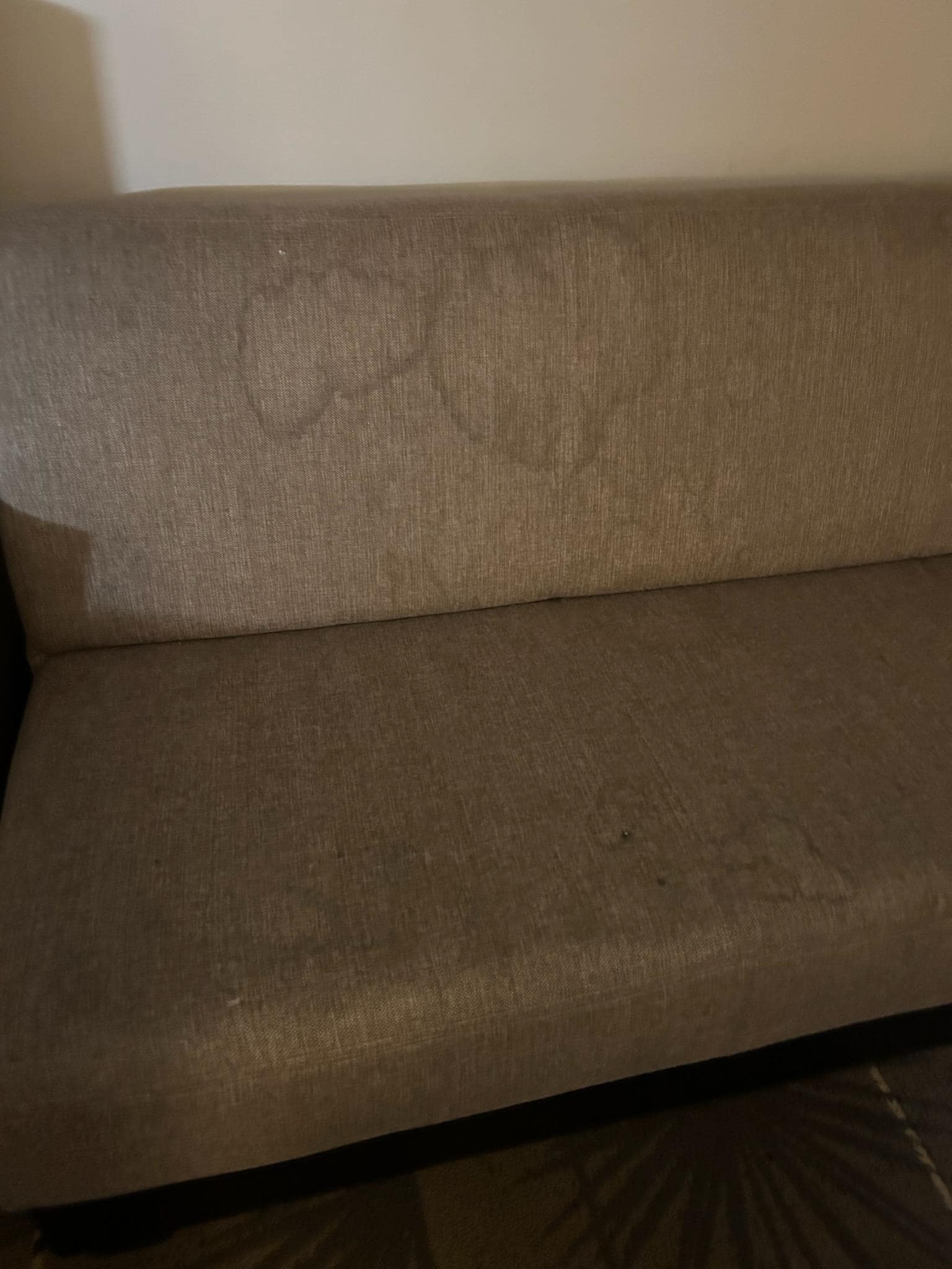 The sofa had dirty spots all over it. 