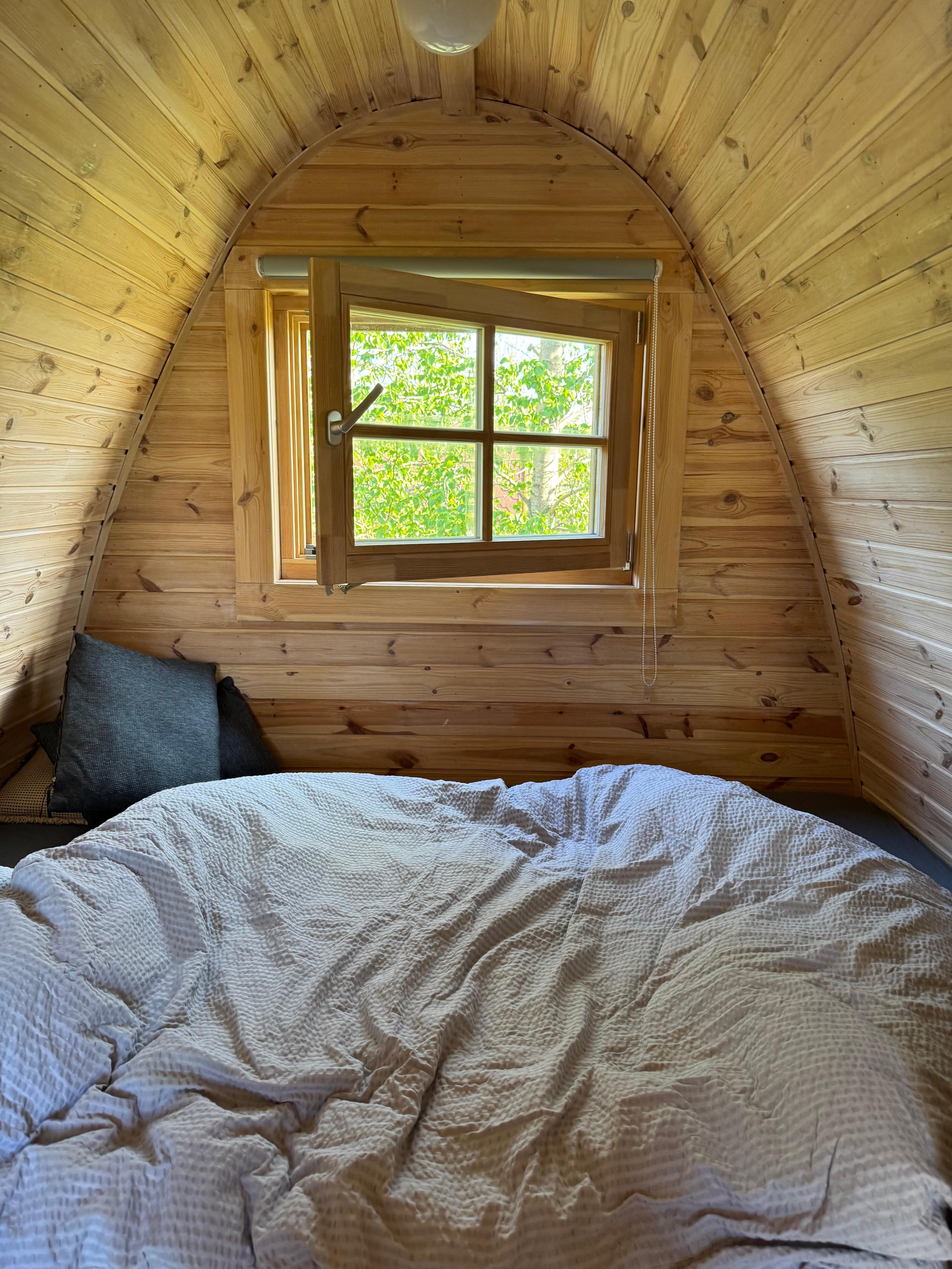 So cozy- the bed is comfy and the black out curtain worked great.