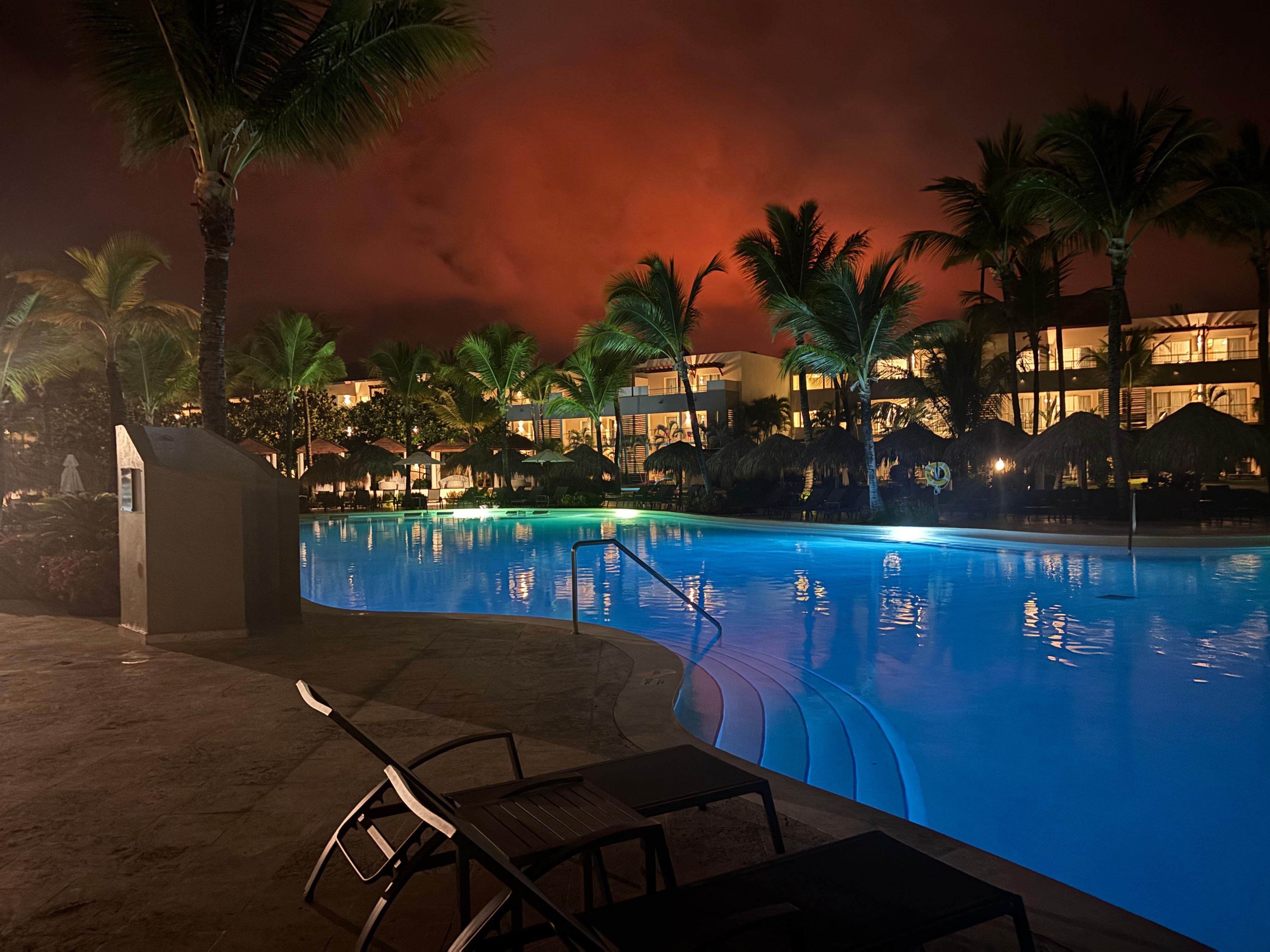 Night view walking by the pool