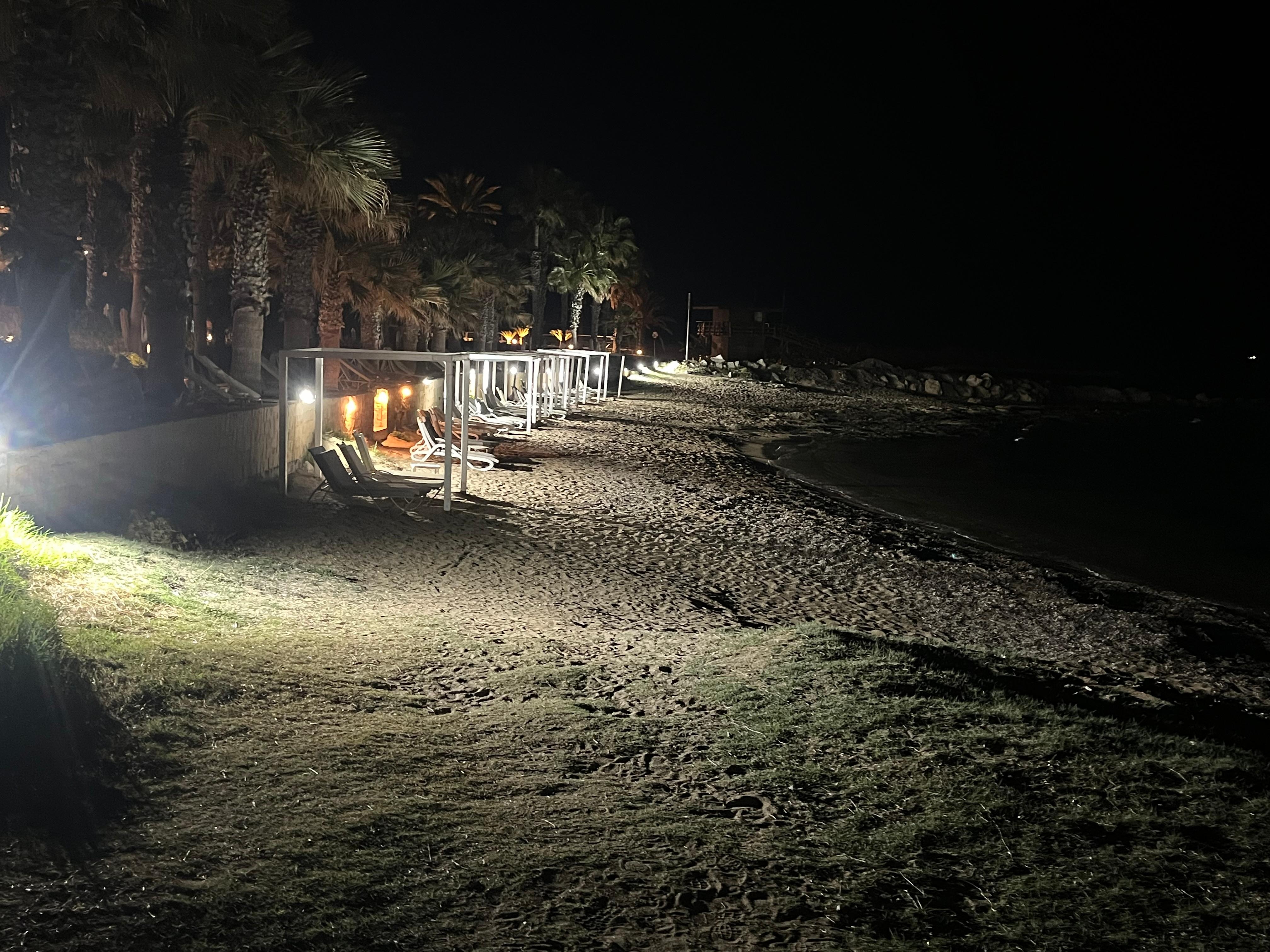 Hotel beach at night.