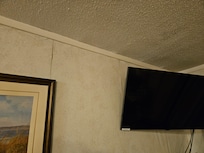 stained ceiling and wallpaper falling off the walls