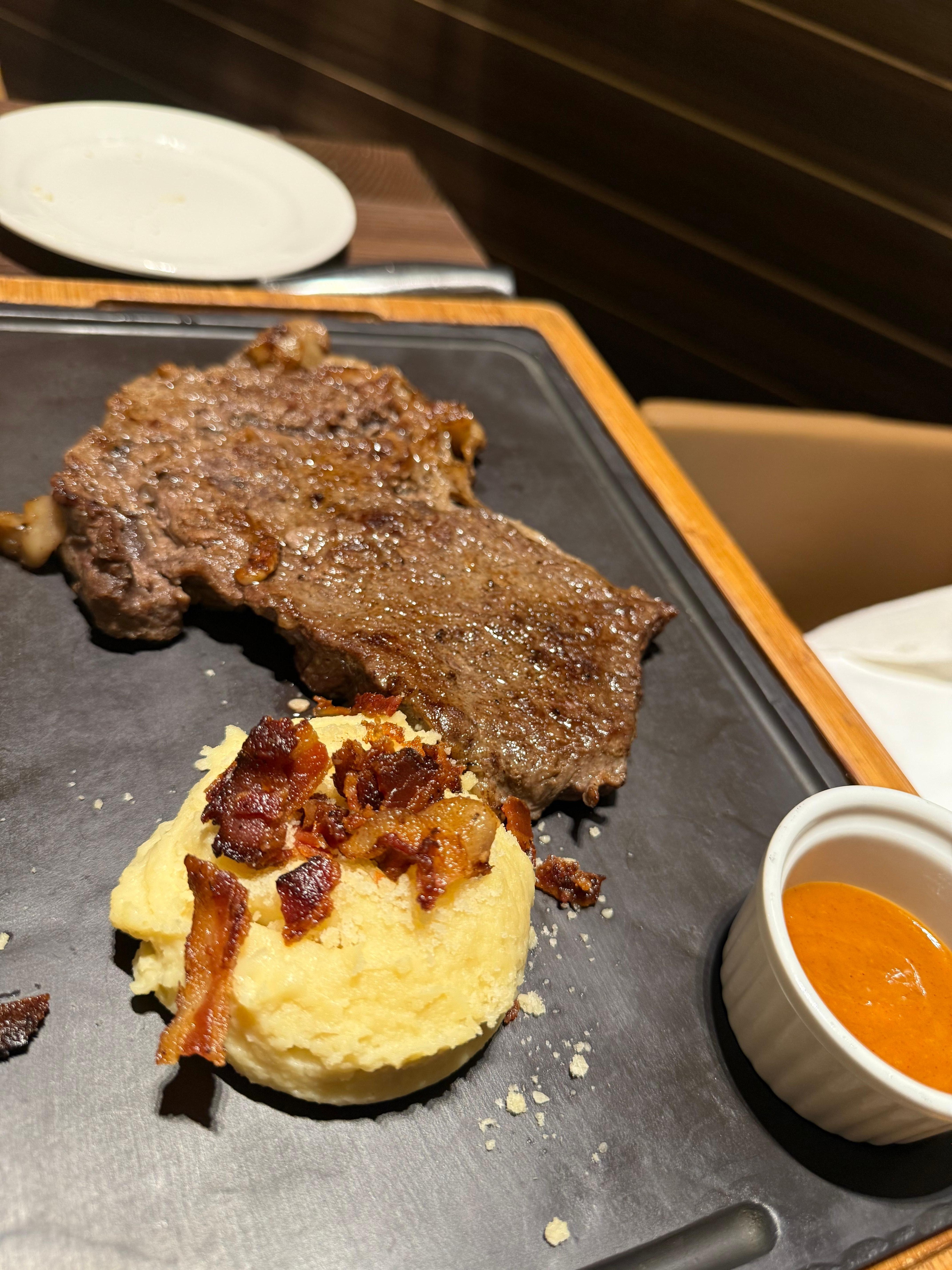 Ribeye and mashed potatoes from the grill restaurant