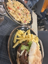 Chicken penne and big ole burger…..both delicious