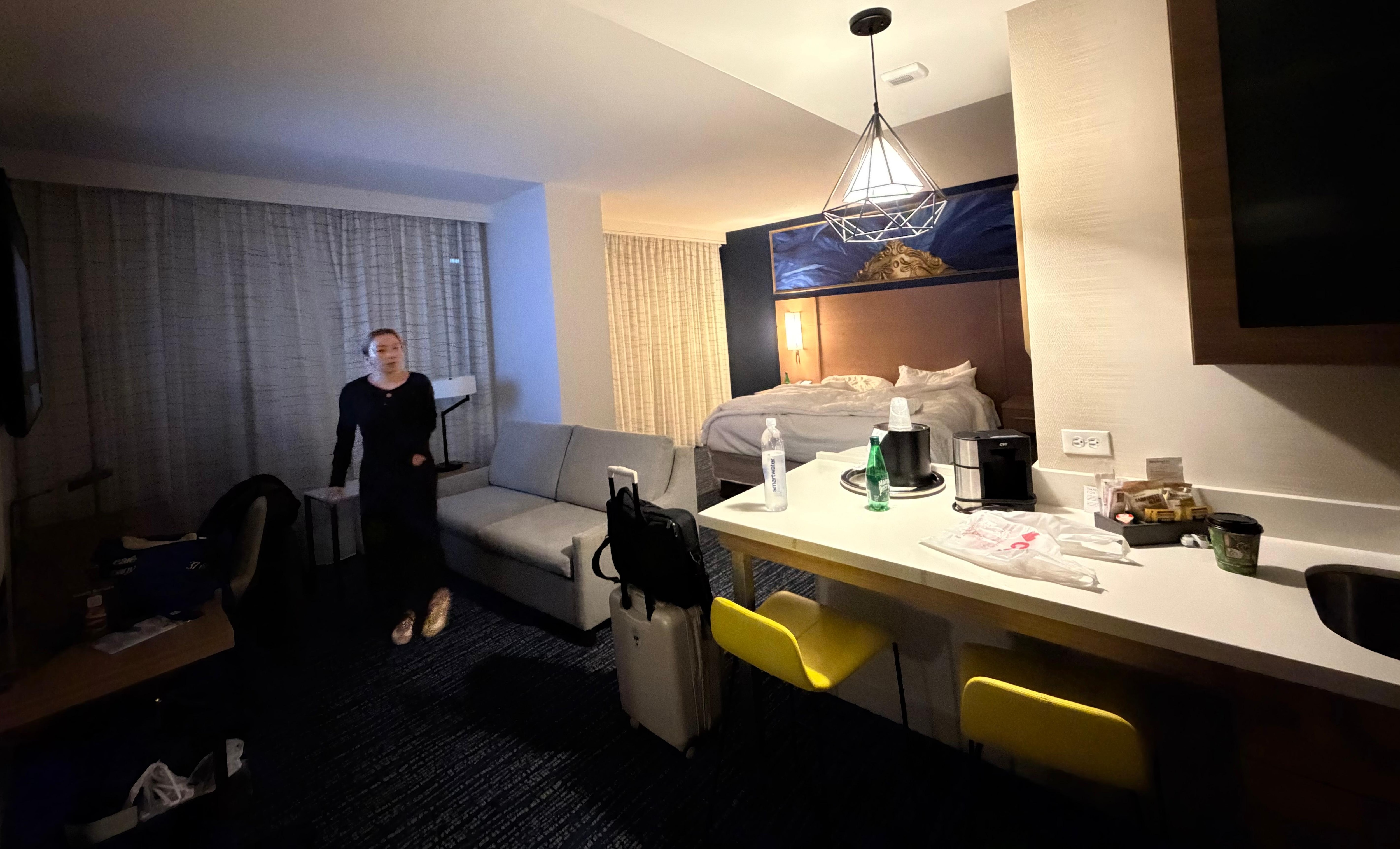 Barstool space plus separate desk area.  Real closet for storage but oddly no safe for valuables 