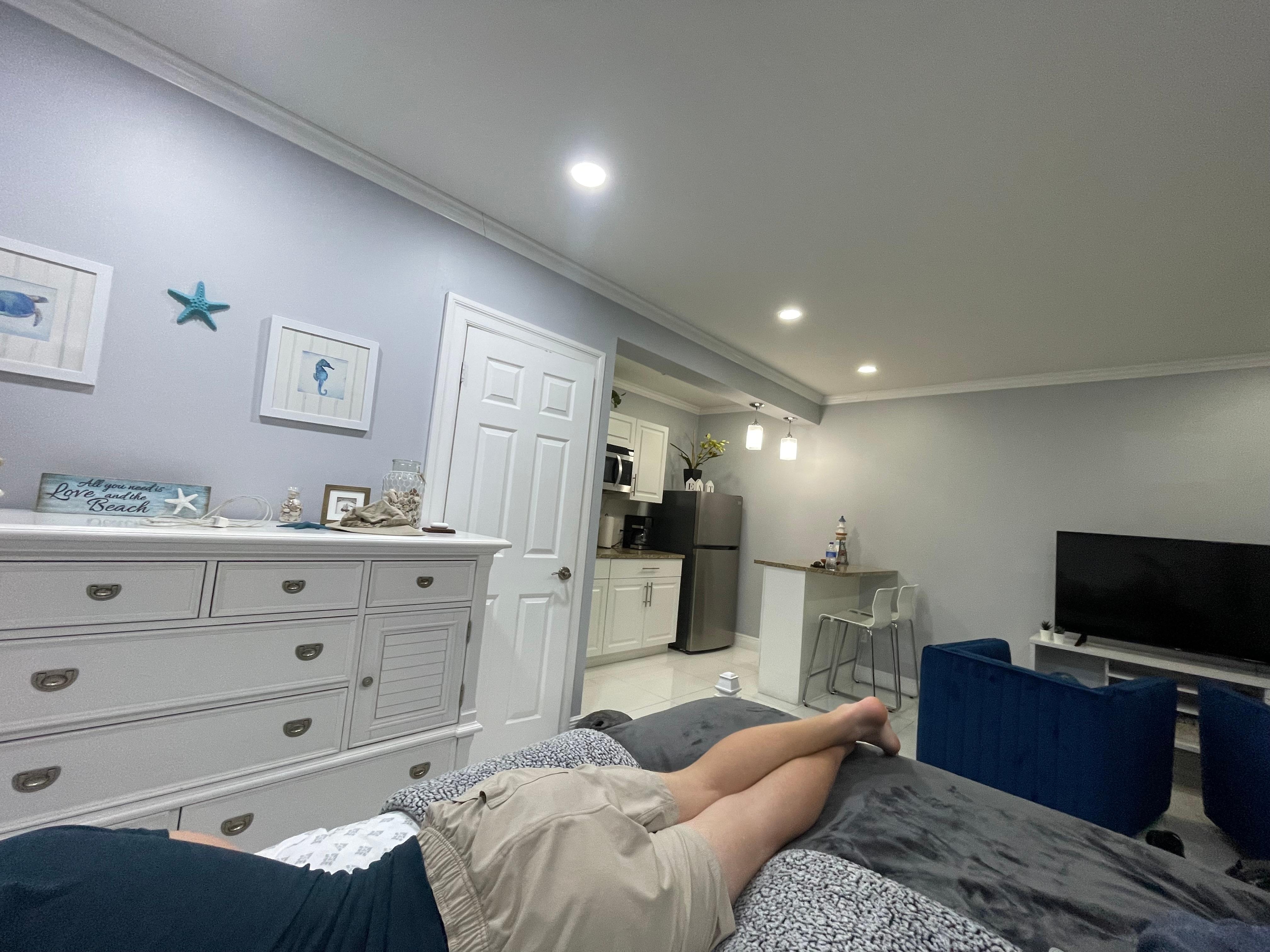 The only thing you can’t see is into the bathroom and the left side of the kitchen, which includes the sink, there was also a hot plate to plug-in and use with cookware