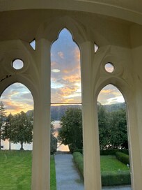 View of Loch Ness through windows on stairway to Monastery 17
