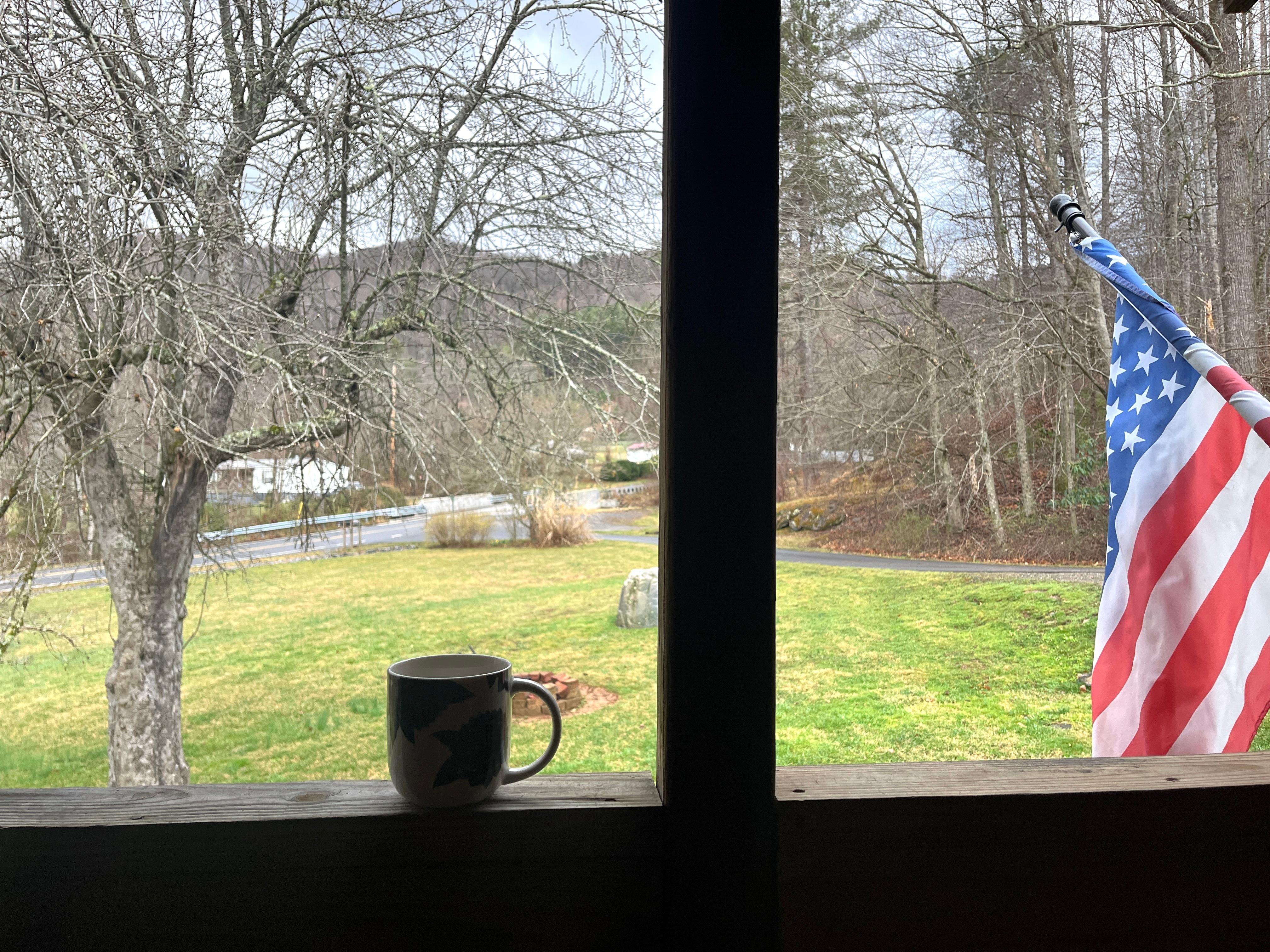 The porch made a calm spot to enjoy morning coffee while listening ro the creek. 