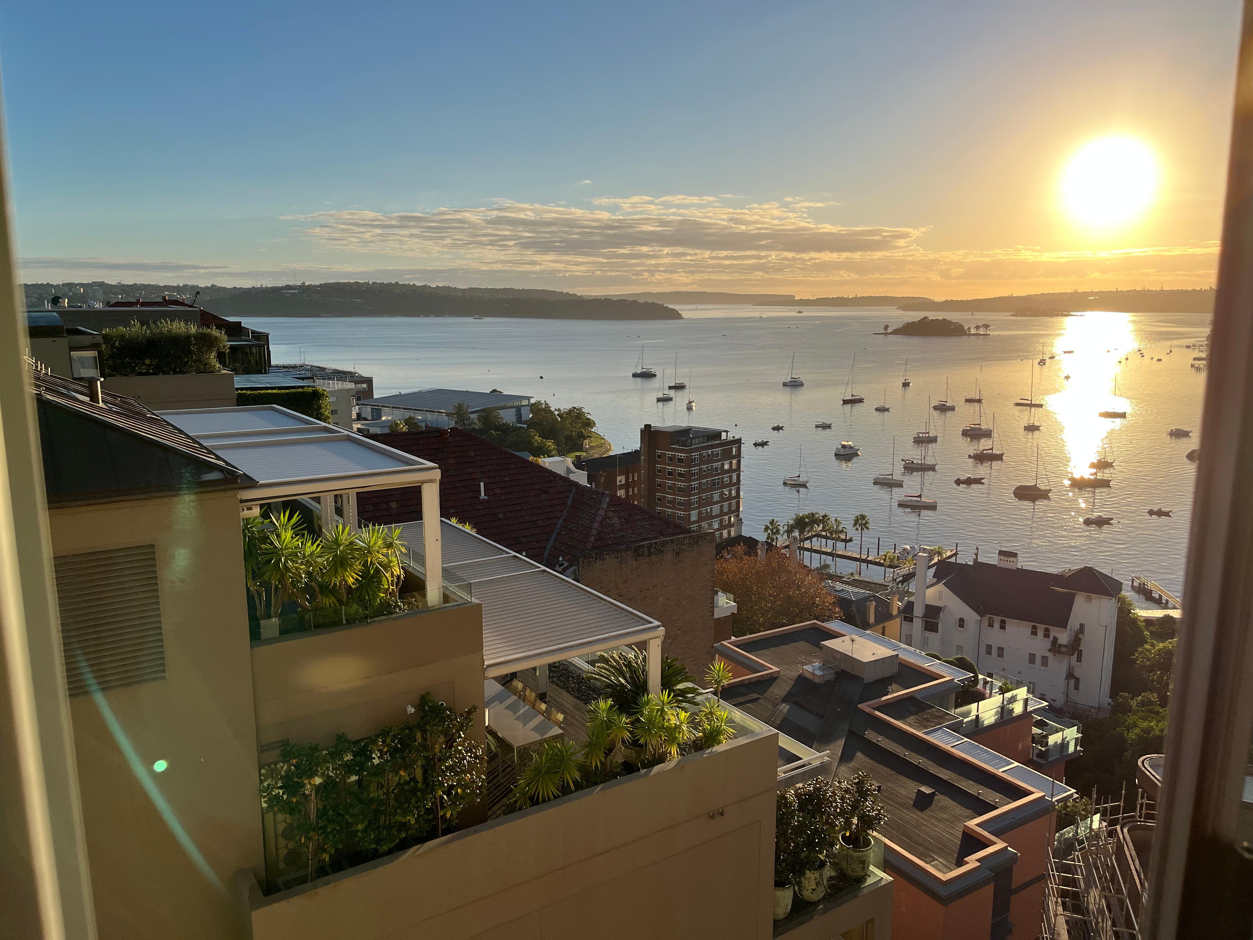 A panoramic view from our room.
Harbour Bridge  and Opera House also on show to the left.