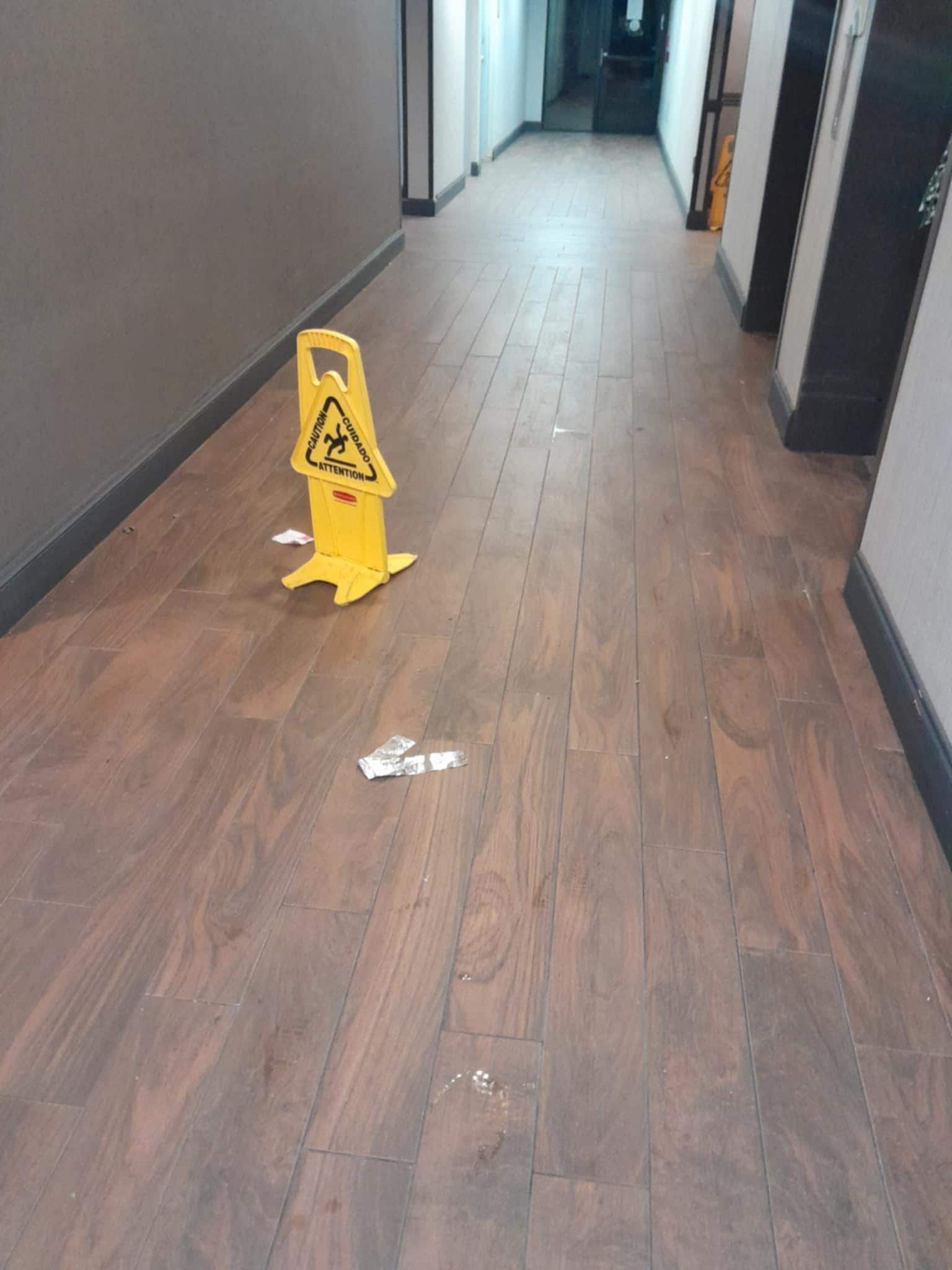 Trash in elevator lobby that was ther at 830 at night was still there at 645 am next day