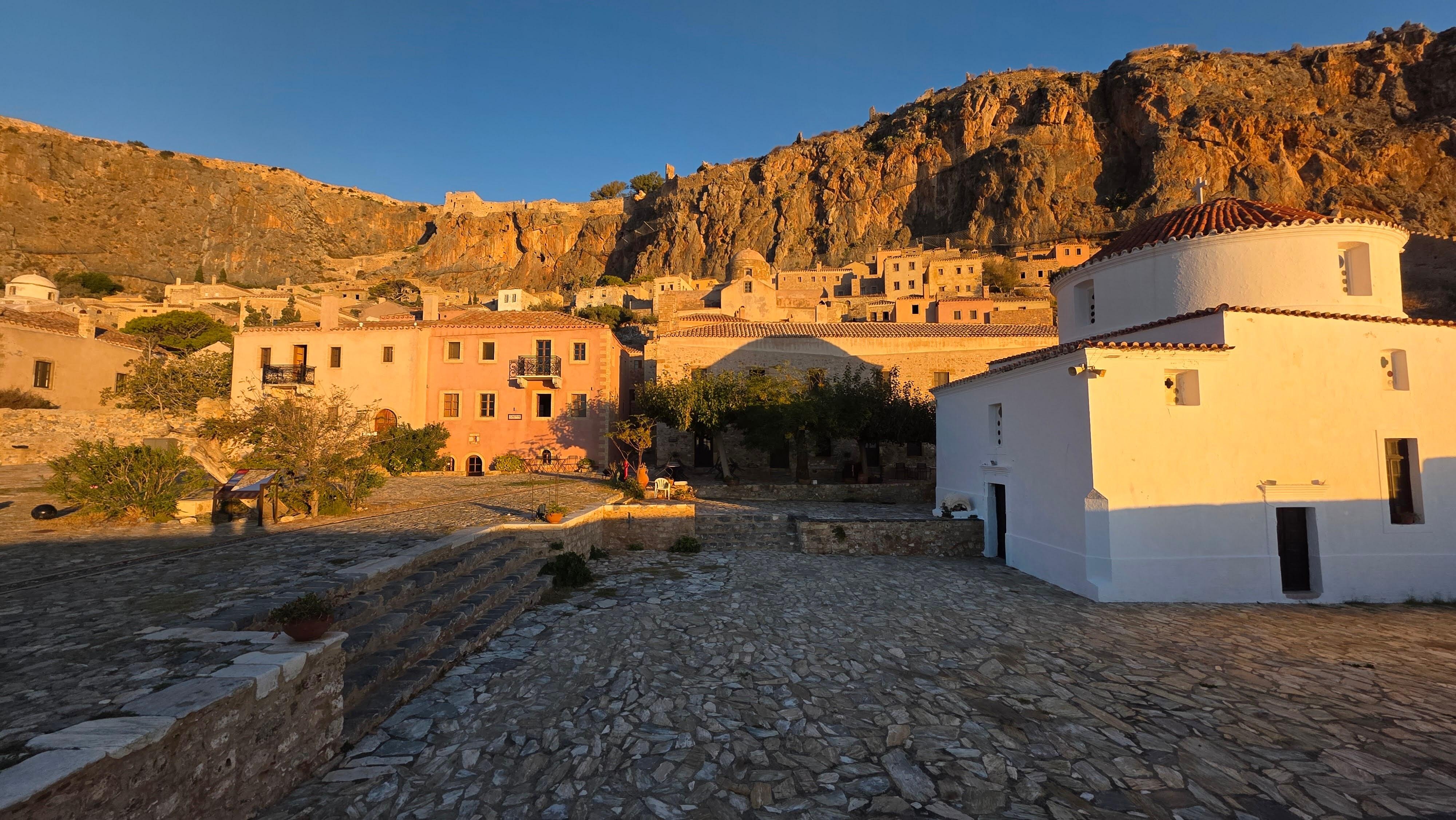 Sunrise over Monemvasia with Hotel Likinia in the background