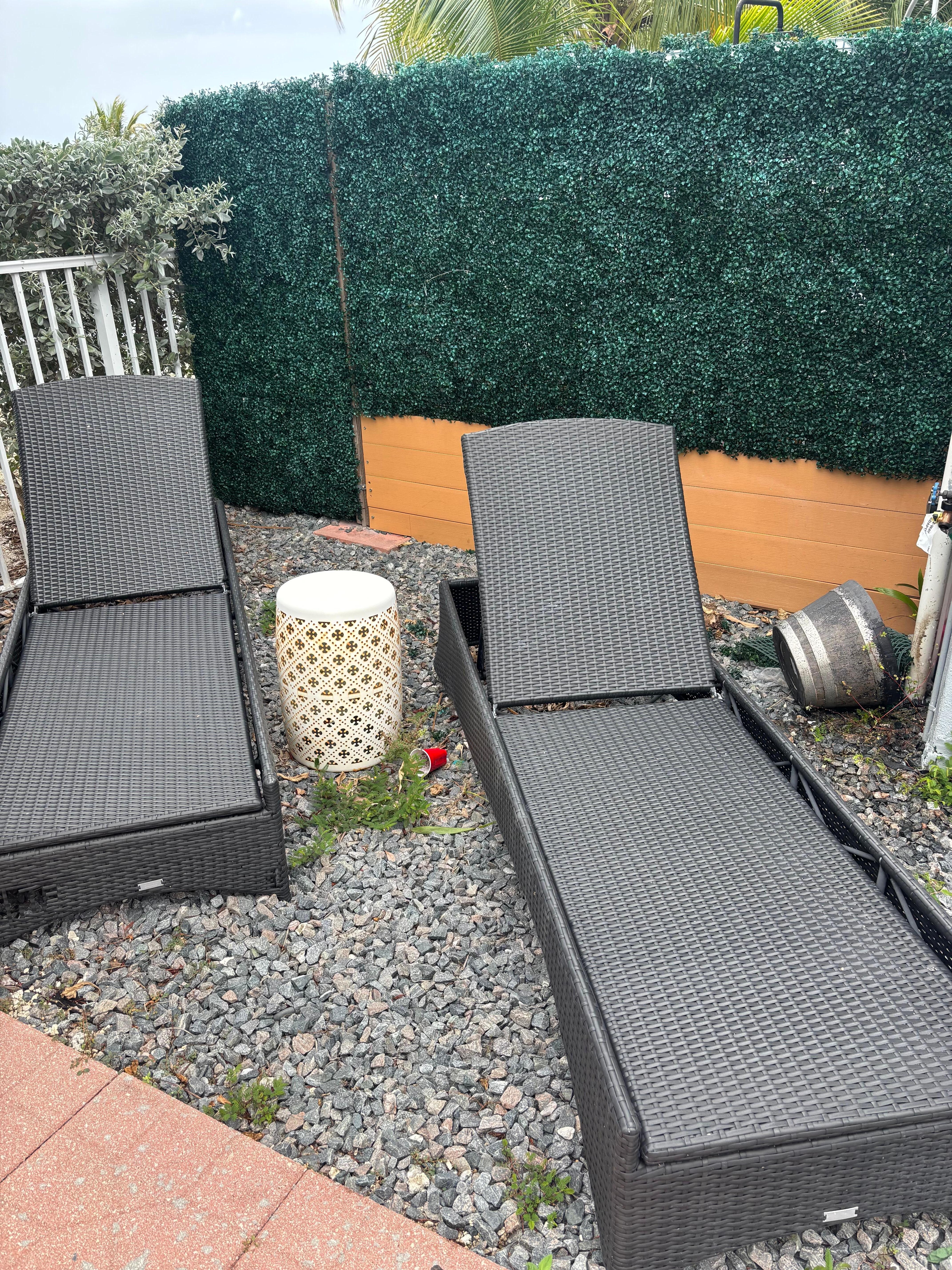 Trash was all around these chairs and cushions dirty and not able to sit on