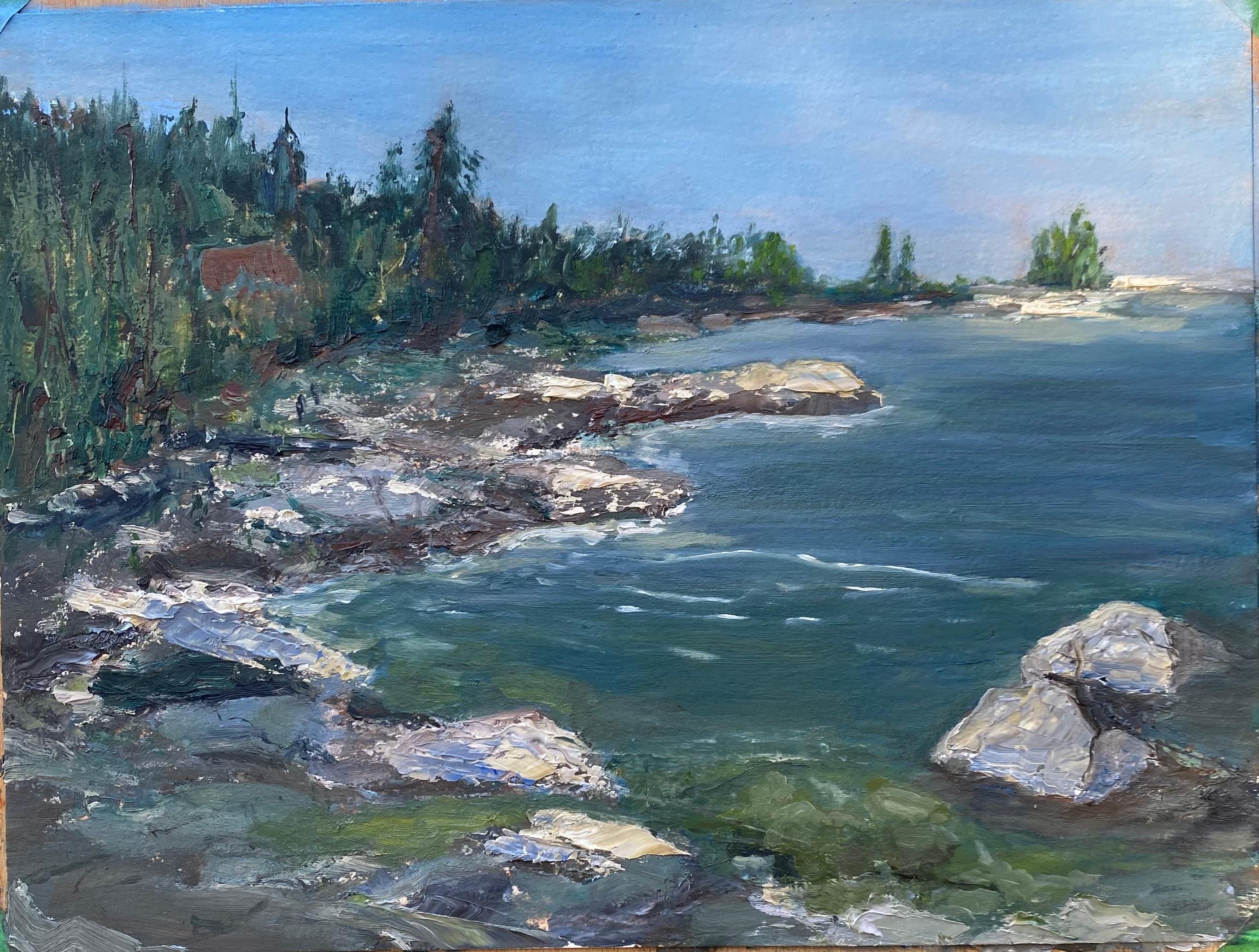 Small oil sketch on paper based on the view from the cottage beach. Lesley Verspaget. 2025 