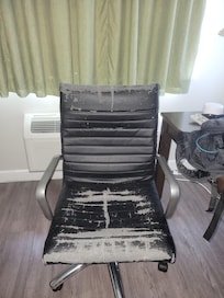 "Well-loved" office chair that left specks of black "pleather" on your clothes after sitting in it.