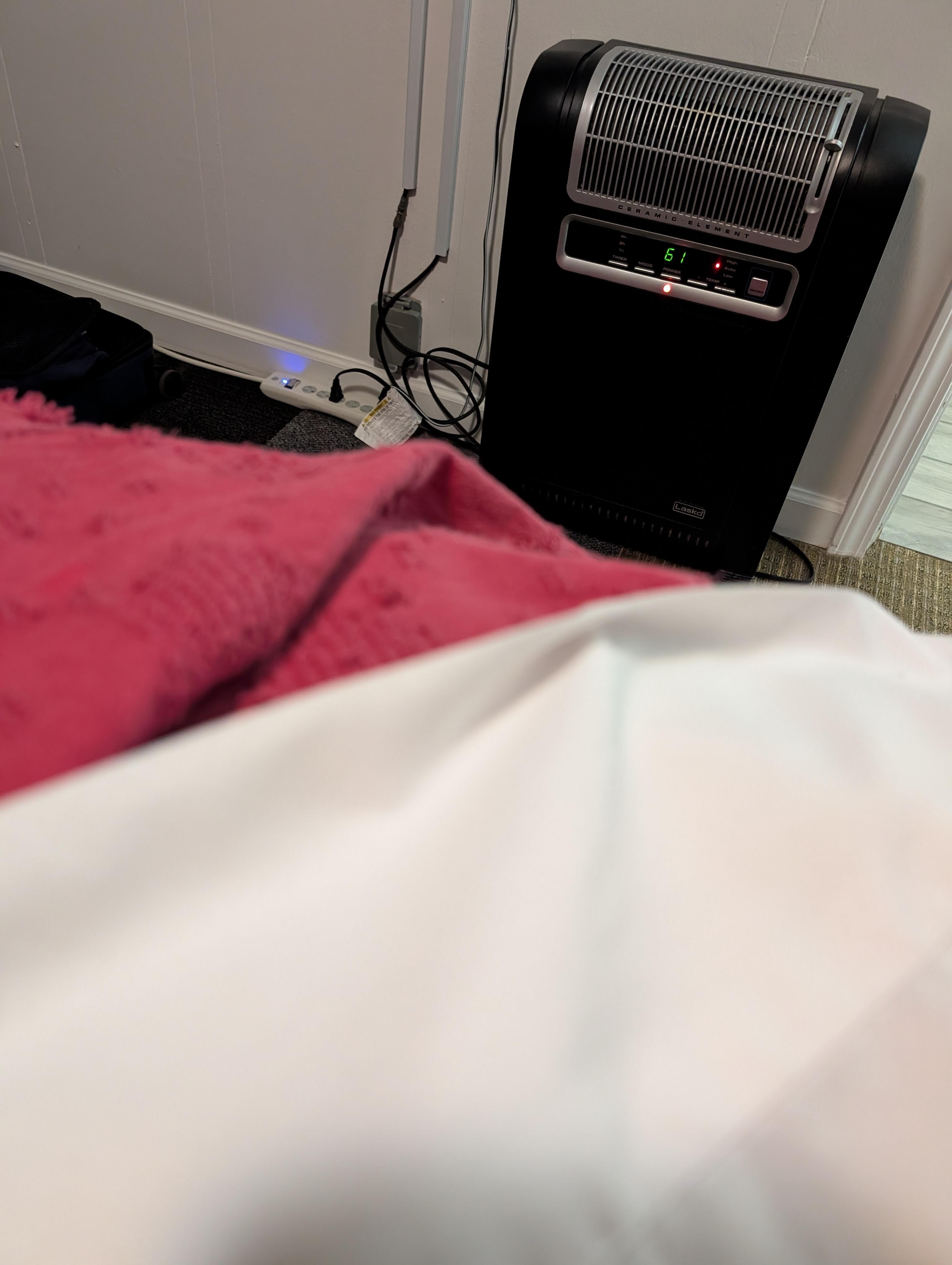 Never above 62 degrees, no blanket and just a thin bed cover.