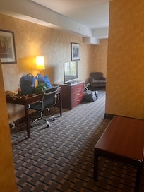 Looking across the living space towards where the bed is