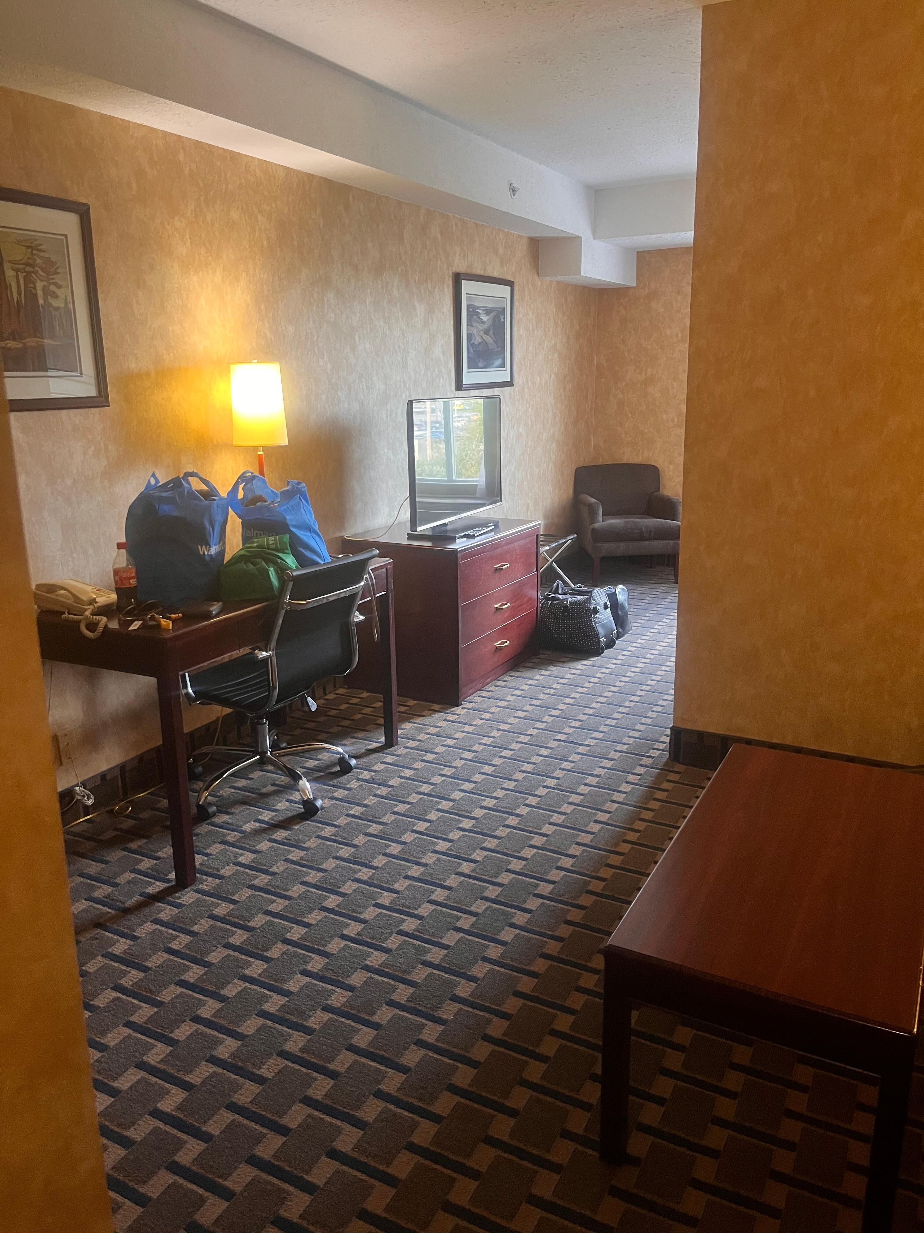 Looking across the living space towards where the bed is