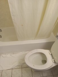 broken seat, stains on shower, dirty tub floor