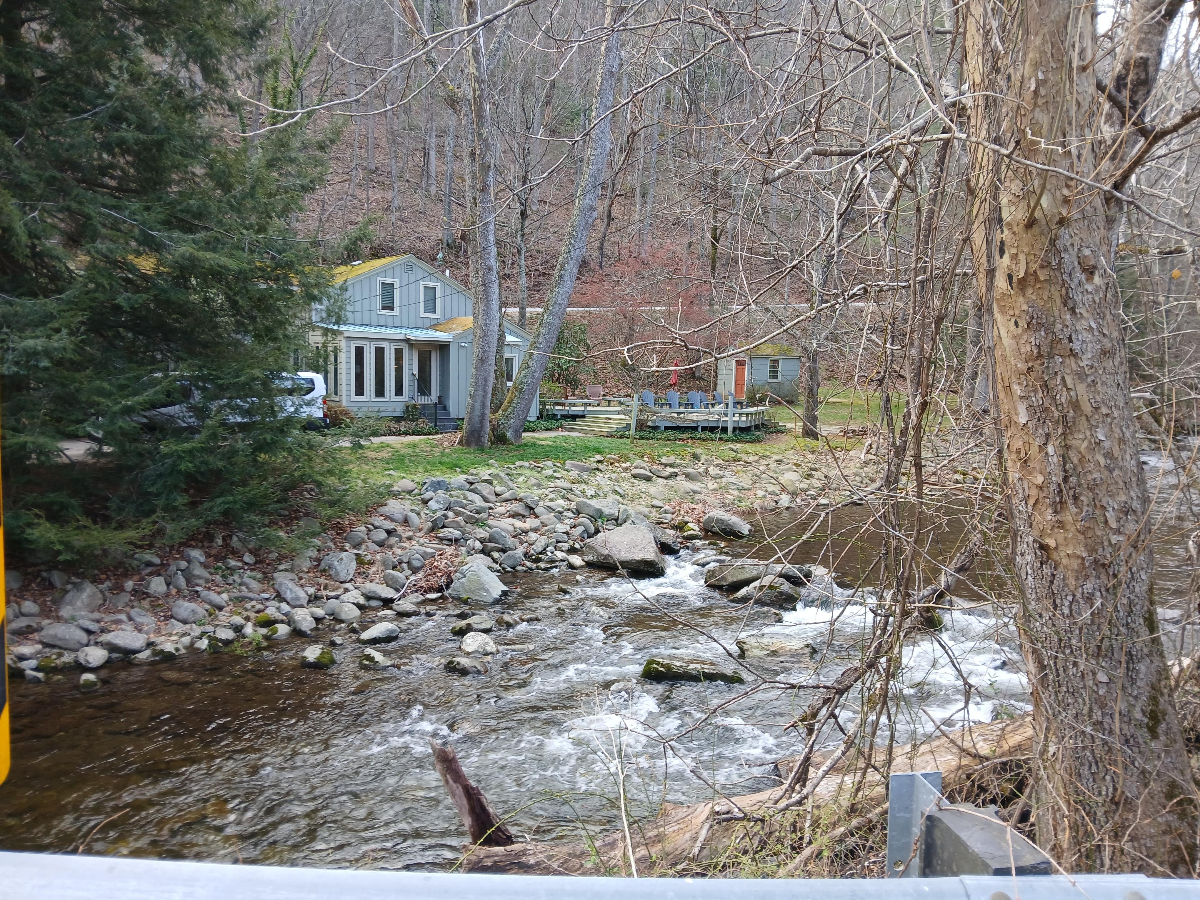 View from across the river, on the road.