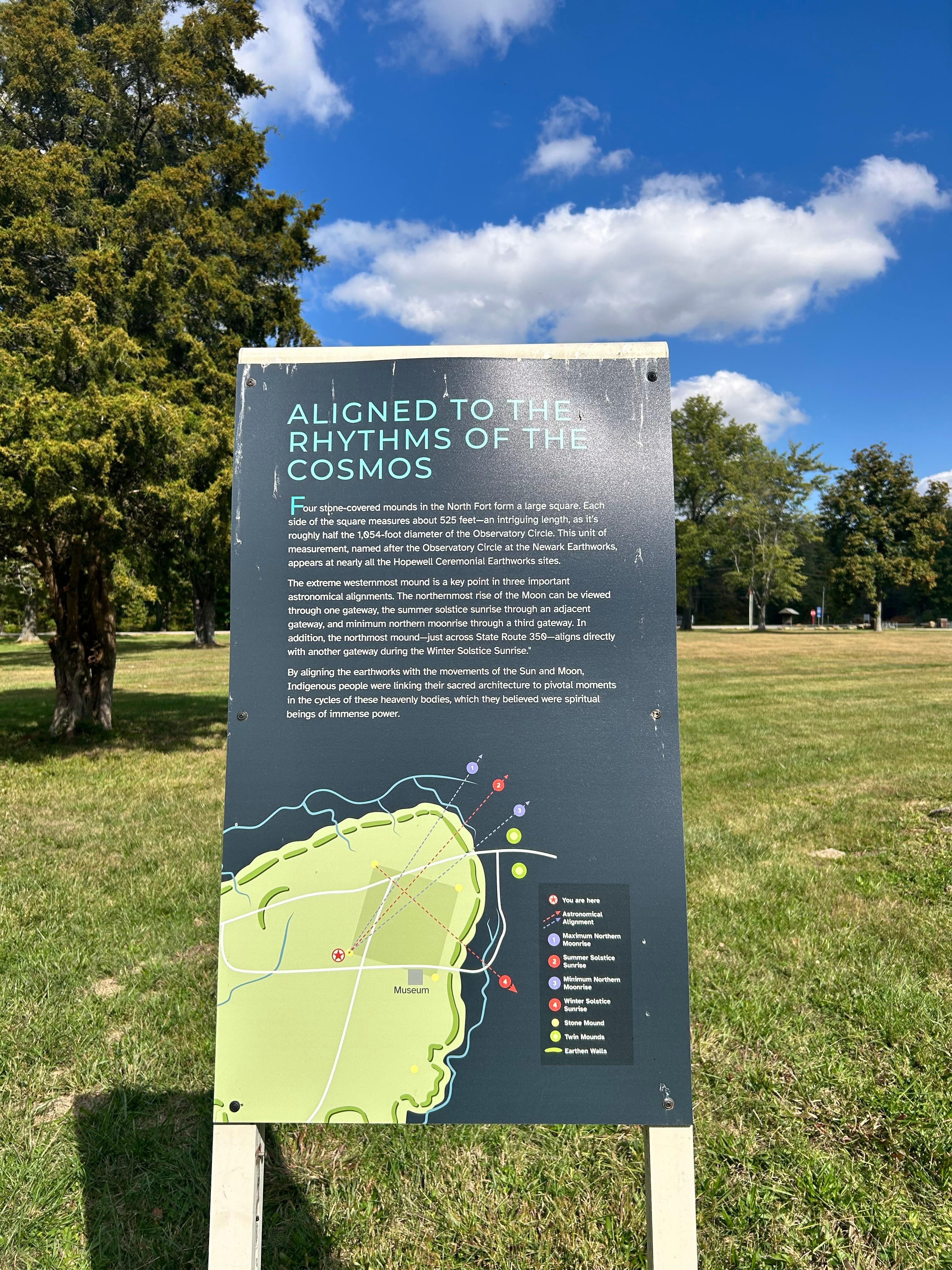 Marker at Fort Ancient Hopewell UNESCO site showing celestial alignments built into the site by ancient Native Americans 