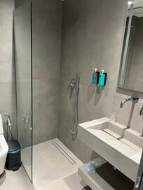 No shower door and the sink is really badly designed in my opinion and also it doesn’t matter what you do. You’re gonna water on the floor when you shower because the groove is not deep enough so it will always overflow even if you shower for 3 mins